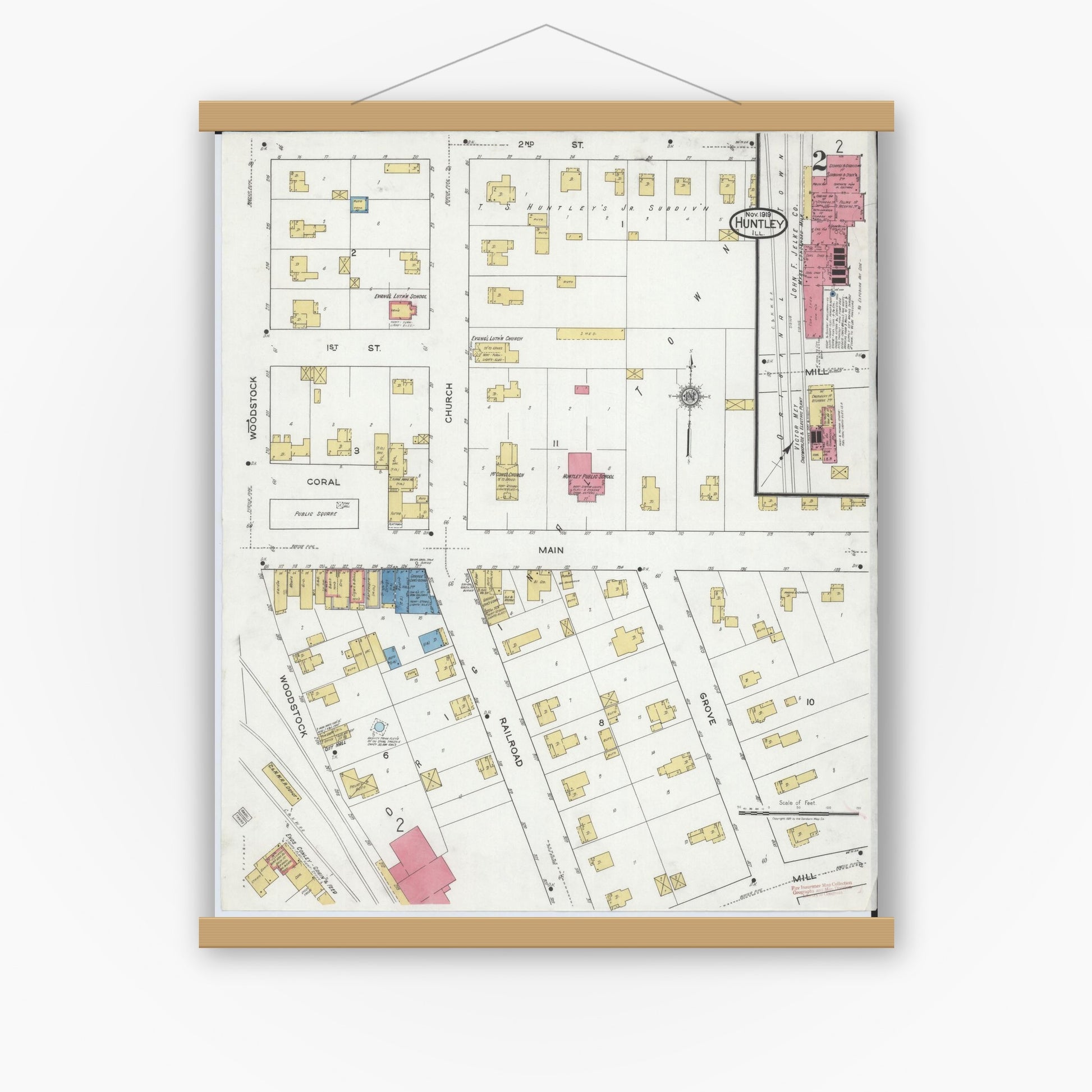 Old map wall art mockup — magnetic wood frame on white wall — Sanborn Fire Insurance Map from Huntley, McHenry County, Illinois (1919), Sheet #0002