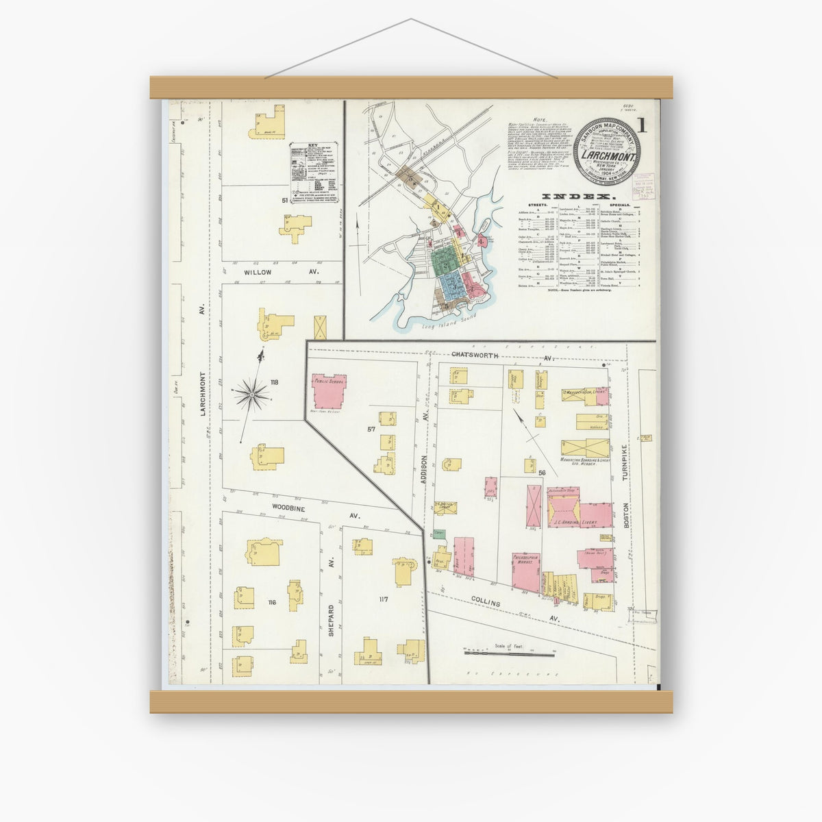 Old map wall art mockup — magnetic wood frame on white wall — Sanborn Fire Insurance Map from Larchmont, Westchester County, New York (1904) - Complete Map Set