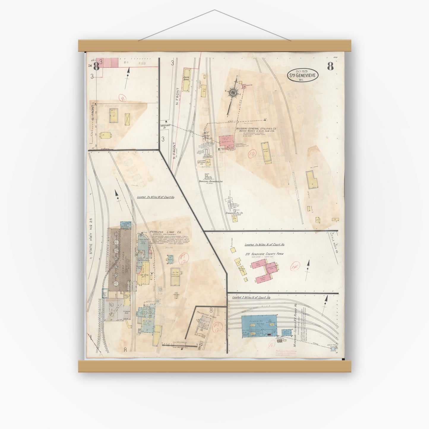 Old map wall art mockup — magnetic wood frame on white wall — Sanborn Fire Insurance Map from Sainte Genevieve, Saint Genevieve County, Missouri (1945), Sheet #0008