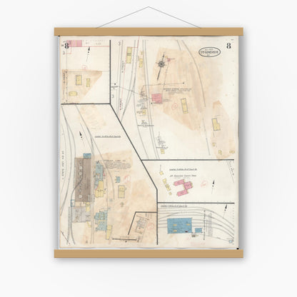 Old map wall art mockup — magnetic wood frame on white wall — Sanborn Fire Insurance Map from Sainte Genevieve, Saint Genevieve County, Missouri (1945), Sheet #0008