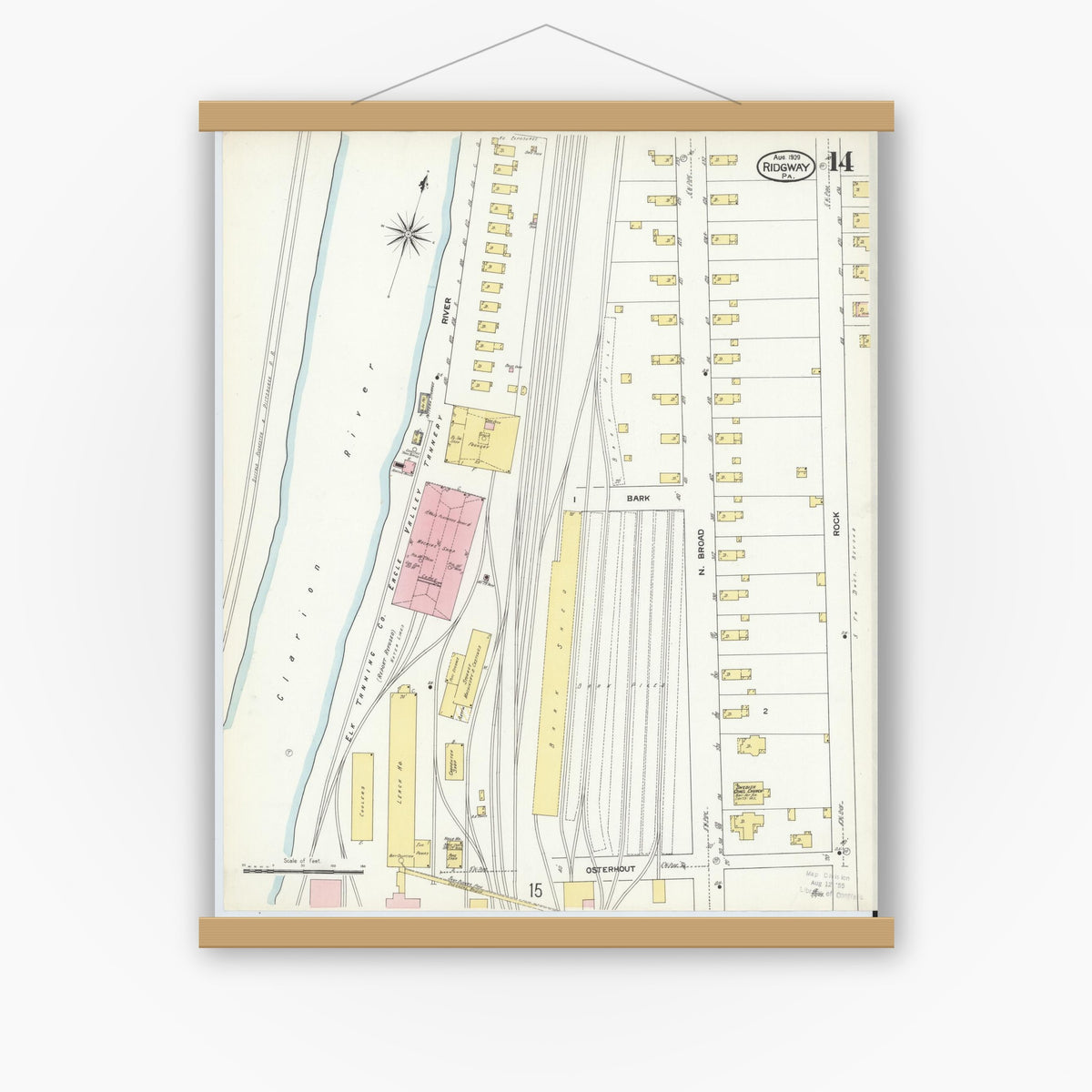 Old map wall art mockup — magnetic wood frame on white wall — Sanborn Fire Insurance Map from Ridgway, Elk County, Pennsylvania (1909), Sheet #0014