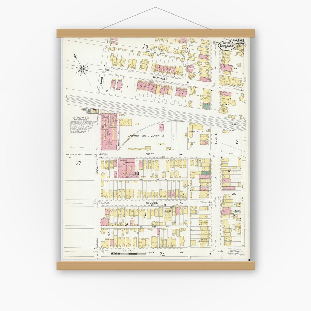 Old map wall art mockup — magnetic wood frame on white wall — Sanborn Fire Insurance Map from Braddock, Allegheny County, Pennsylvania (1908), Sheet #0022