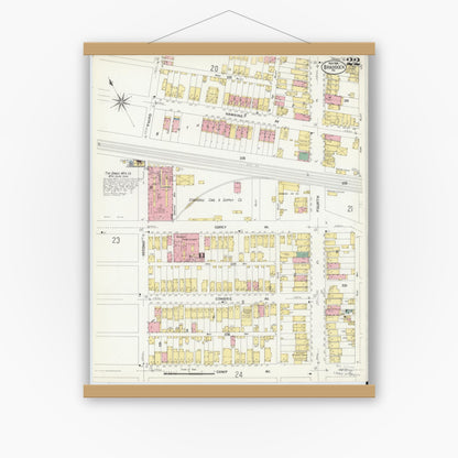 Old map wall art mockup — magnetic wood frame on white wall — Sanborn Fire Insurance Map from Braddock, Allegheny County, Pennsylvania (1908), Sheet #0022