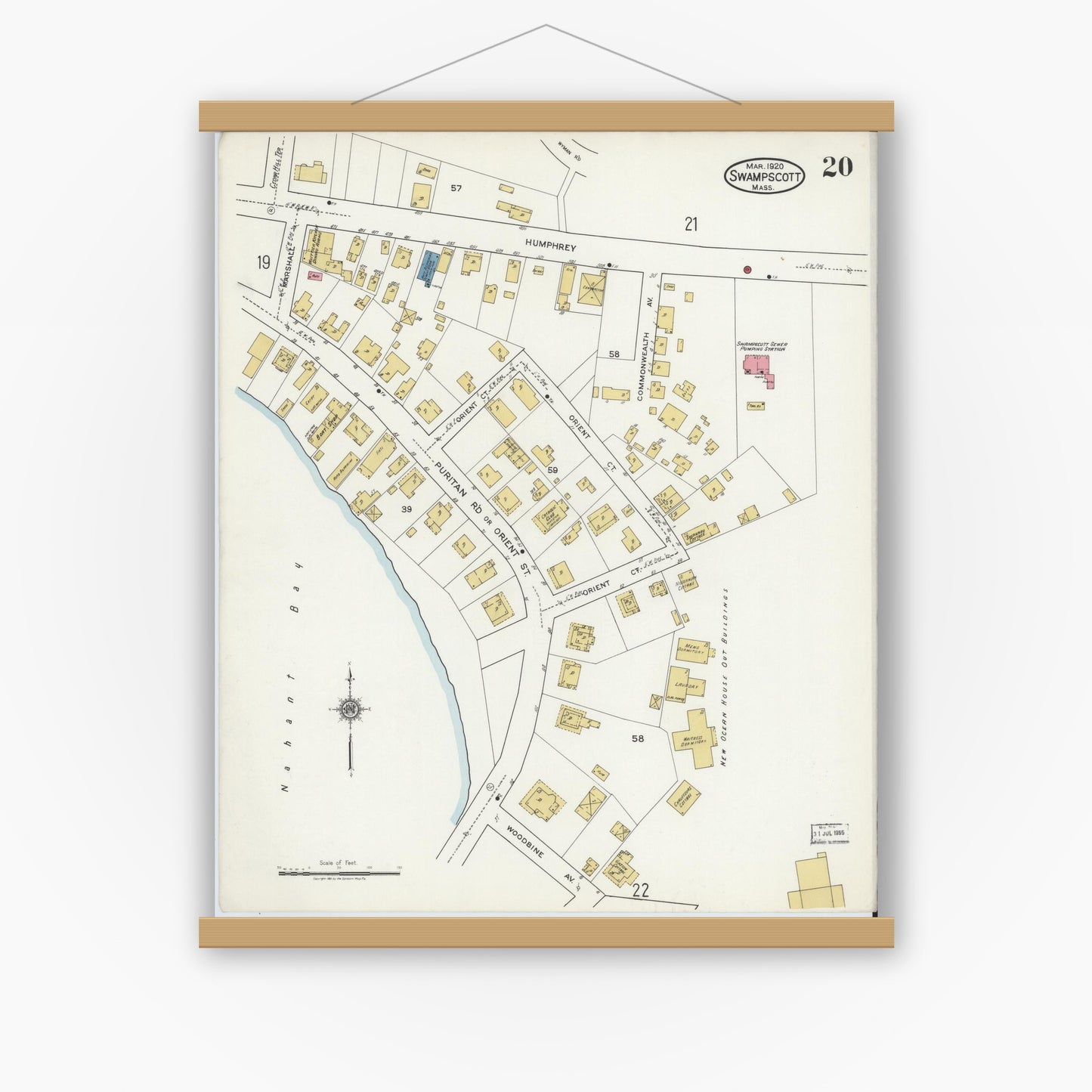 Old map wall art mockup — magnetic wood frame on white wall — Sanborn Fire Insurance Map from Swampscott, Essex County, Massachusetts (1920), Sheet #0020