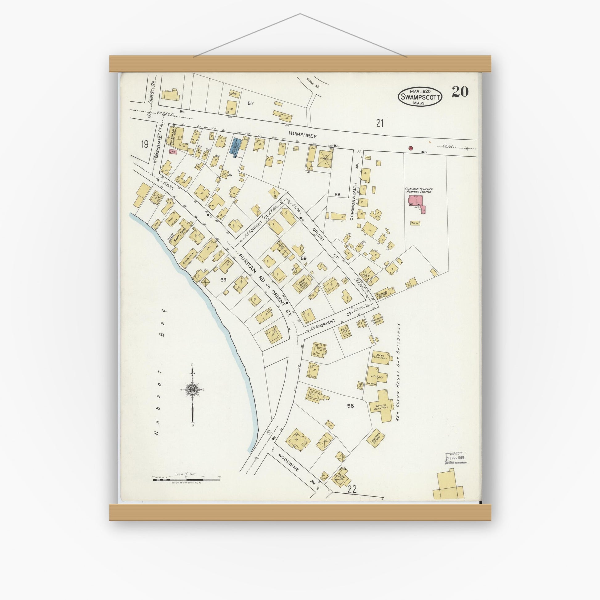 Old map wall art mockup — magnetic wood frame on white wall — Sanborn Fire Insurance Map from Swampscott, Essex County, Massachusetts (1920), Sheet #0020