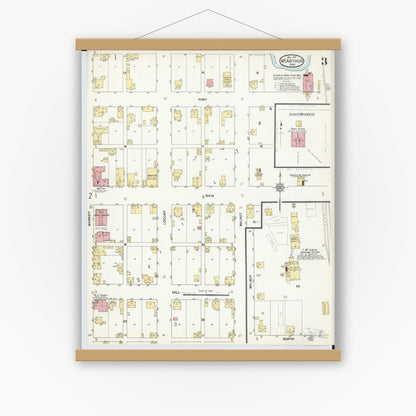 Old map wall art mockup — magnetic wood frame on white wall — Sanborn Fire Insurance Map from McArthur, Vinton County, Ohio (1911), Sheet #0003