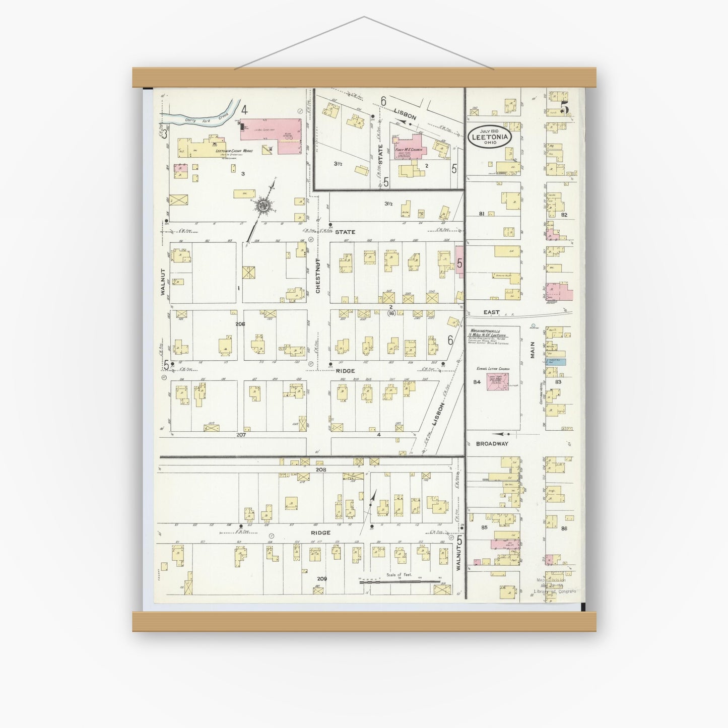 Old map wall art mockup — magnetic wood frame on white wall — Sanborn Fire Insurance Map from Leetonia, Columbiana County, Ohio (1910), Sheet #0005