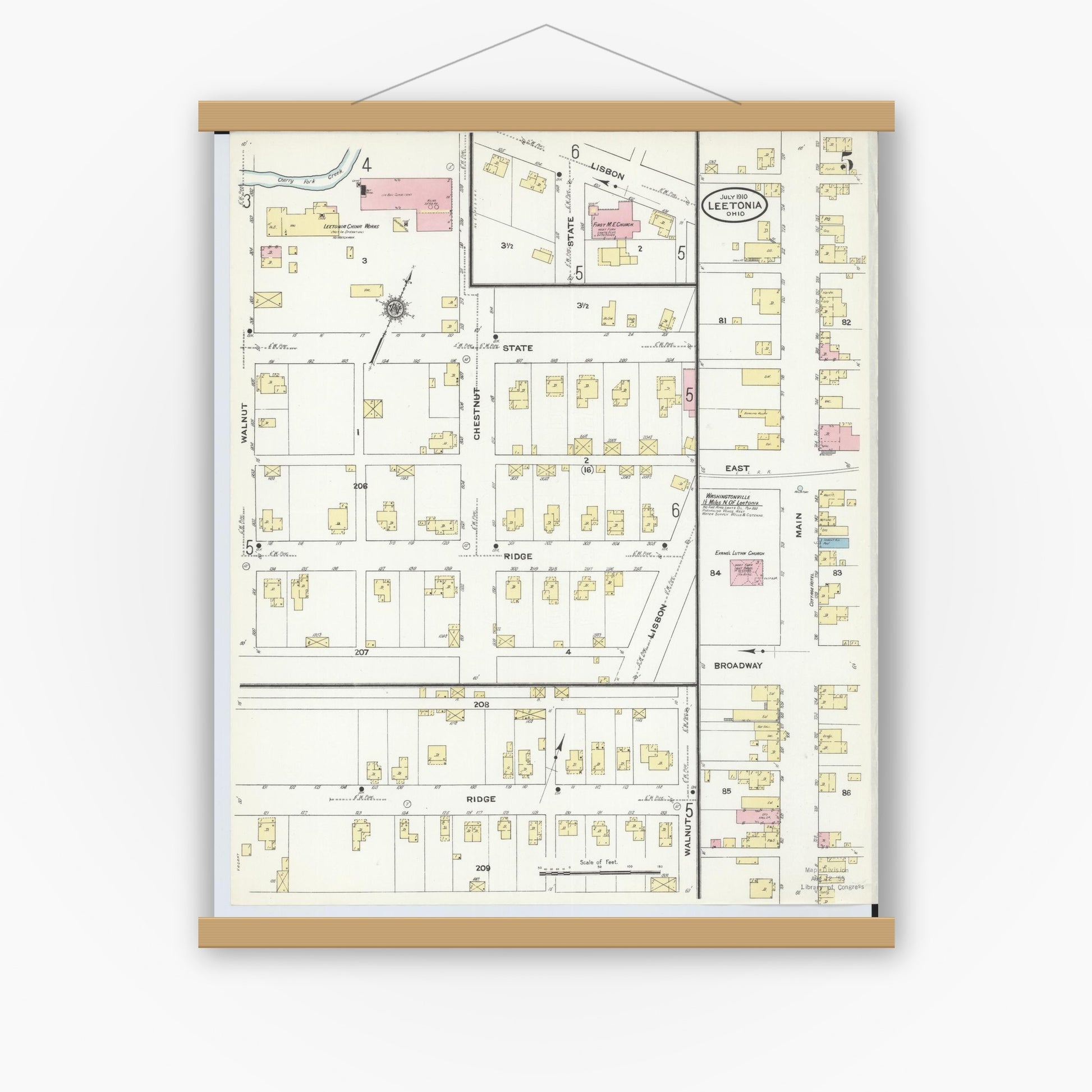 Old map wall art mockup — magnetic wood frame on white wall — Sanborn Fire Insurance Map from Leetonia, Columbiana County, Ohio (1910), Sheet #0005