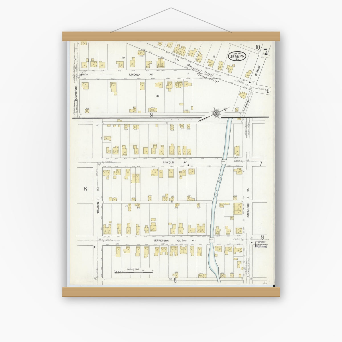 Old map wall art mockup — magnetic wood frame on white wall — Sanborn Fire Insurance Map from Jermyn, Lackawanna County, Pennsylvania (1912), Sheet #0007
