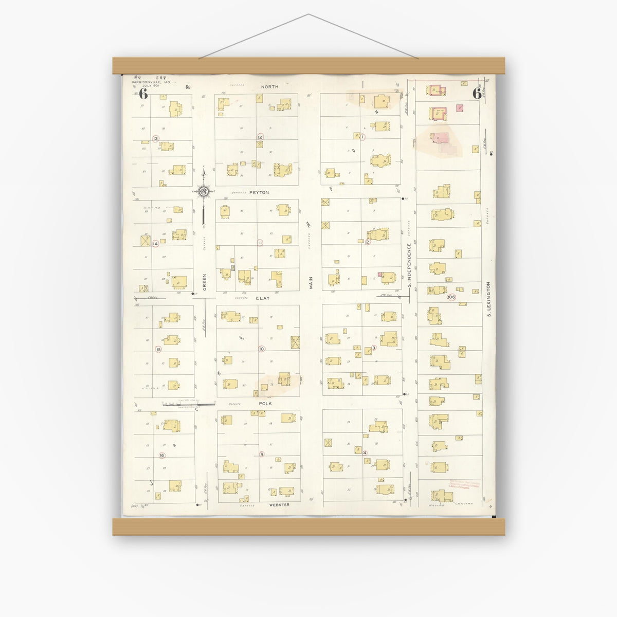 Old map wall art mockup — magnetic wood frame on white wall — Sanborn Fire Insurance Map from Harrisonville, Cass County, Missouri (1939), Sheet #0006