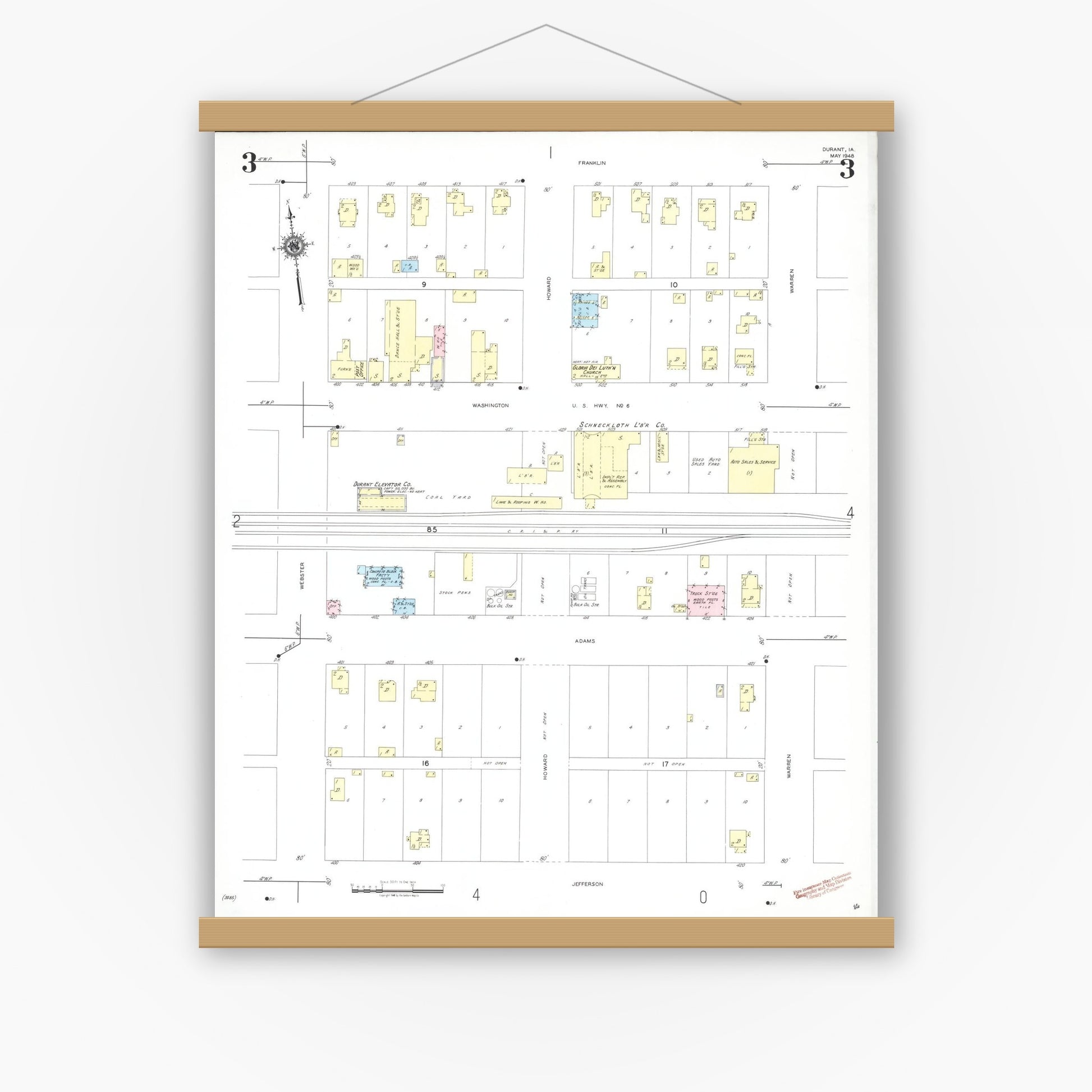 Old map wall art mockup — magnetic wood frame on white wall — Sanborn Fire Insurance Map from Durant, Cedar County, Iowa (1948), Sheet #0003