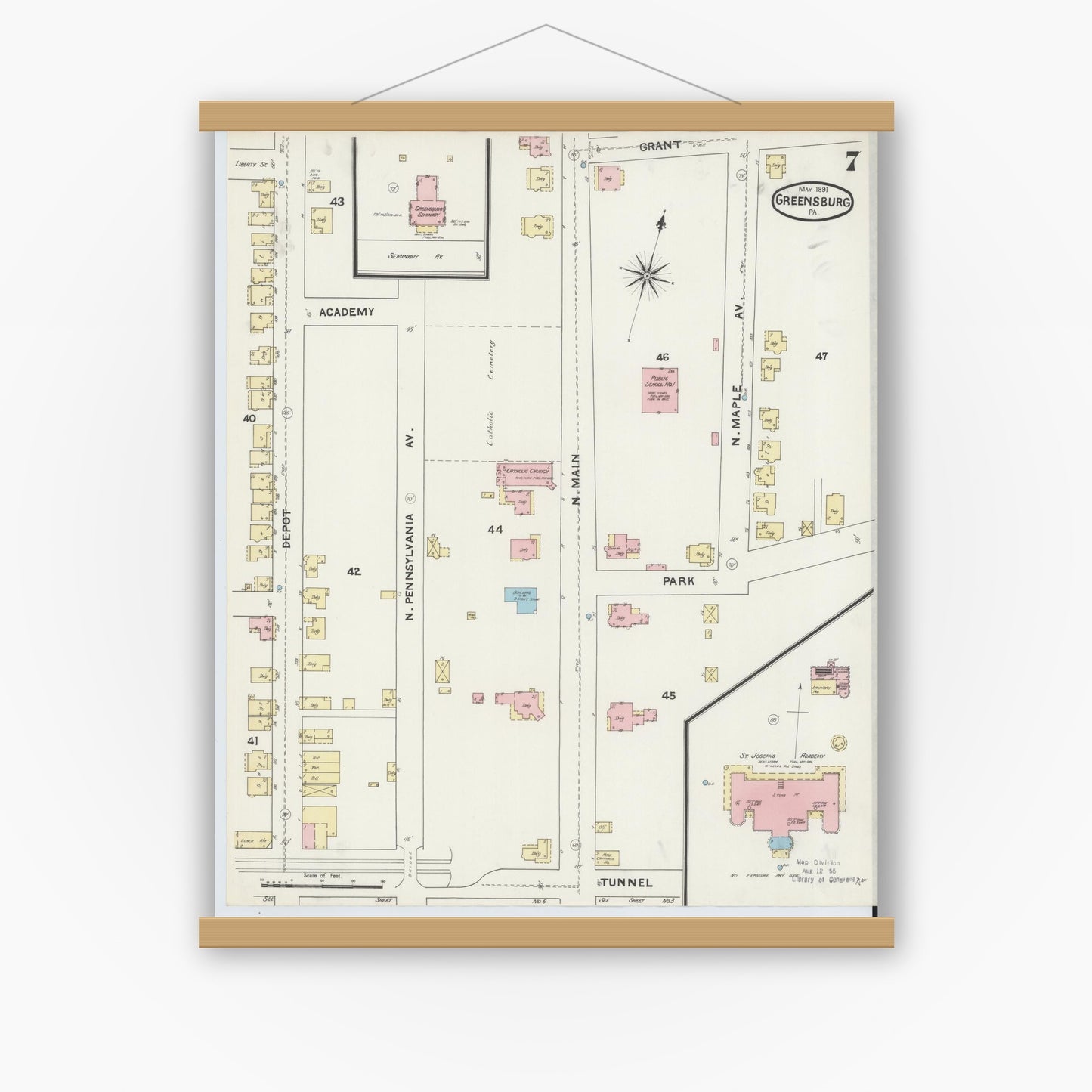 Old map wall art mockup — magnetic wood frame on white wall — Sanborn Fire Insurance Map from Greensburg, Westmoreland County, Pennsylvania (1891), Sheet #0007