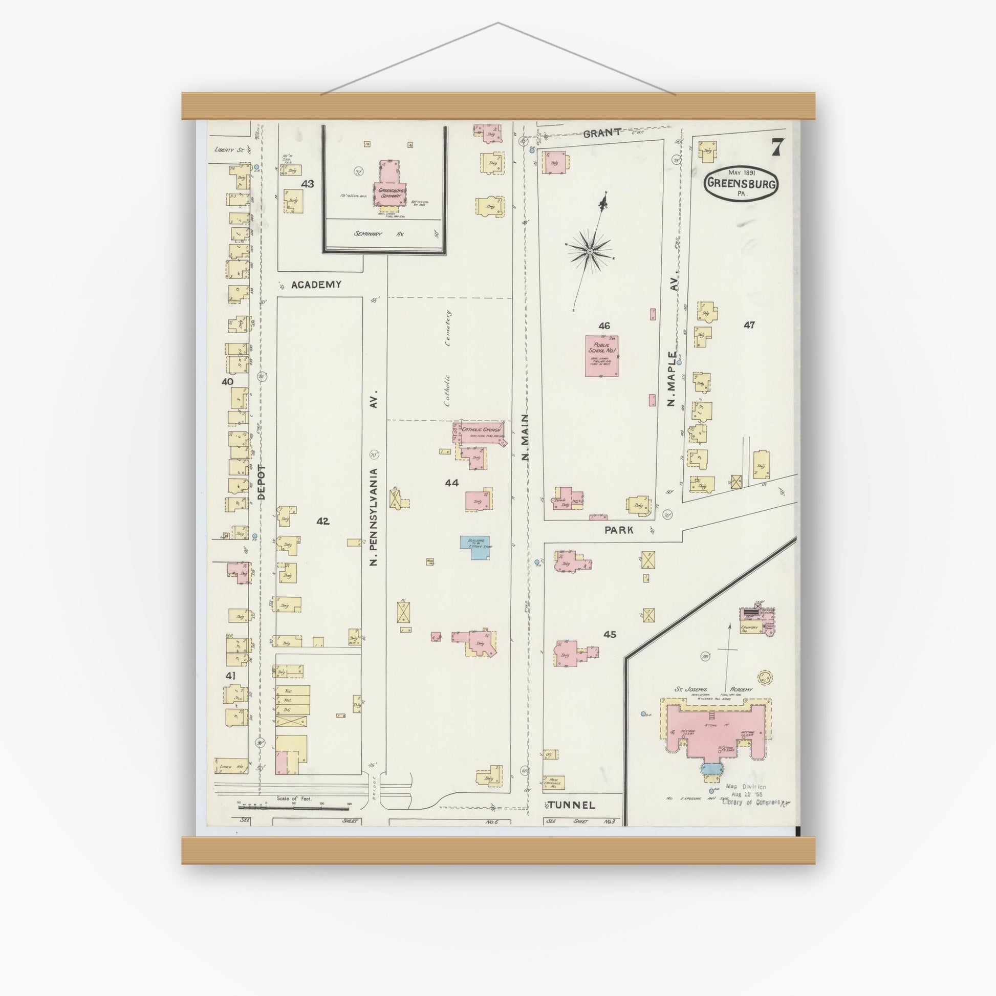 Old map wall art mockup — magnetic wood frame on white wall — Sanborn Fire Insurance Map from Greensburg, Westmoreland County, Pennsylvania (1891), Sheet #0007