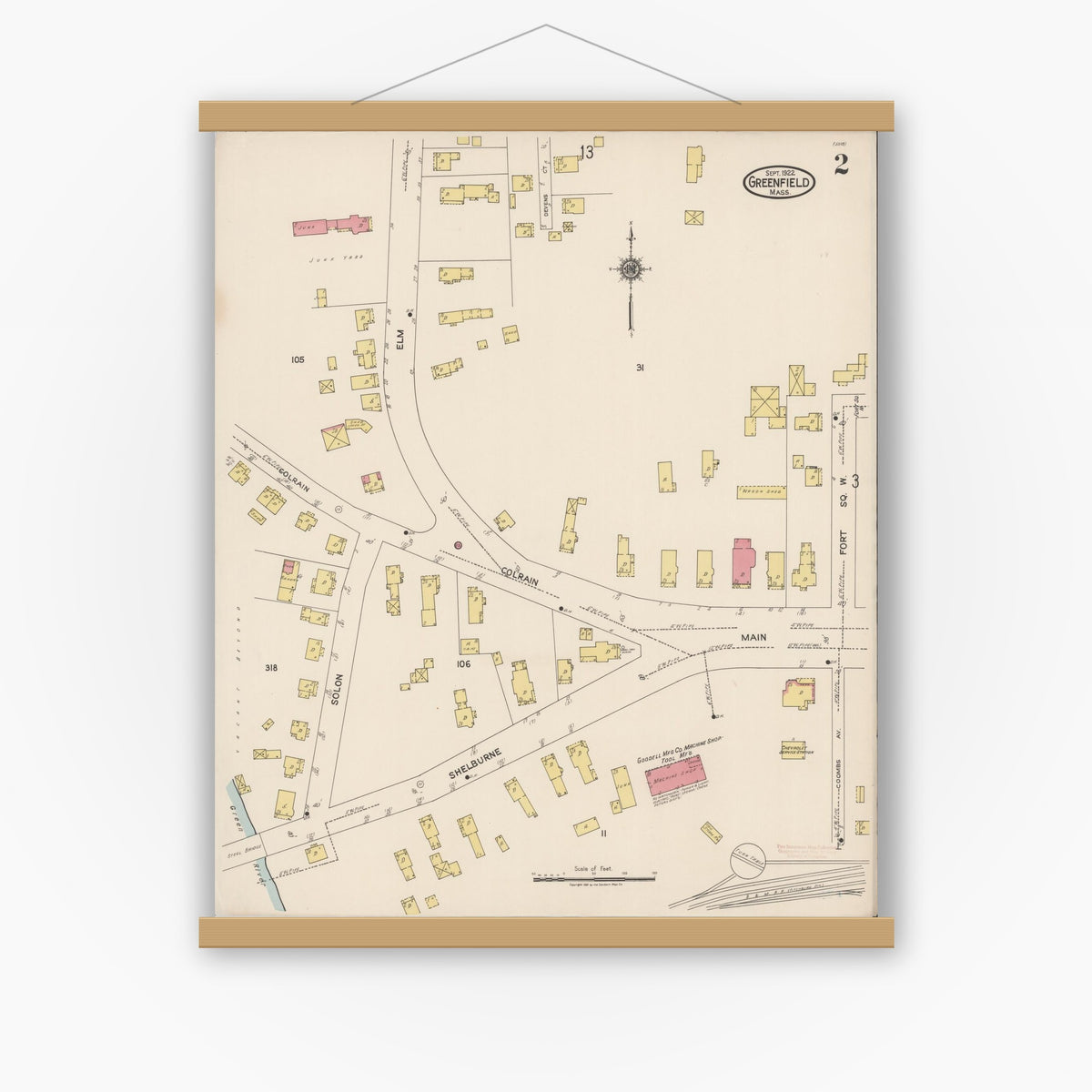 Old map wall art mockup — magnetic wood frame on white wall — Sanborn Fire Insurance Map from Greenfield, Franklin County, Massachusetts (1922), Sheet #0002
