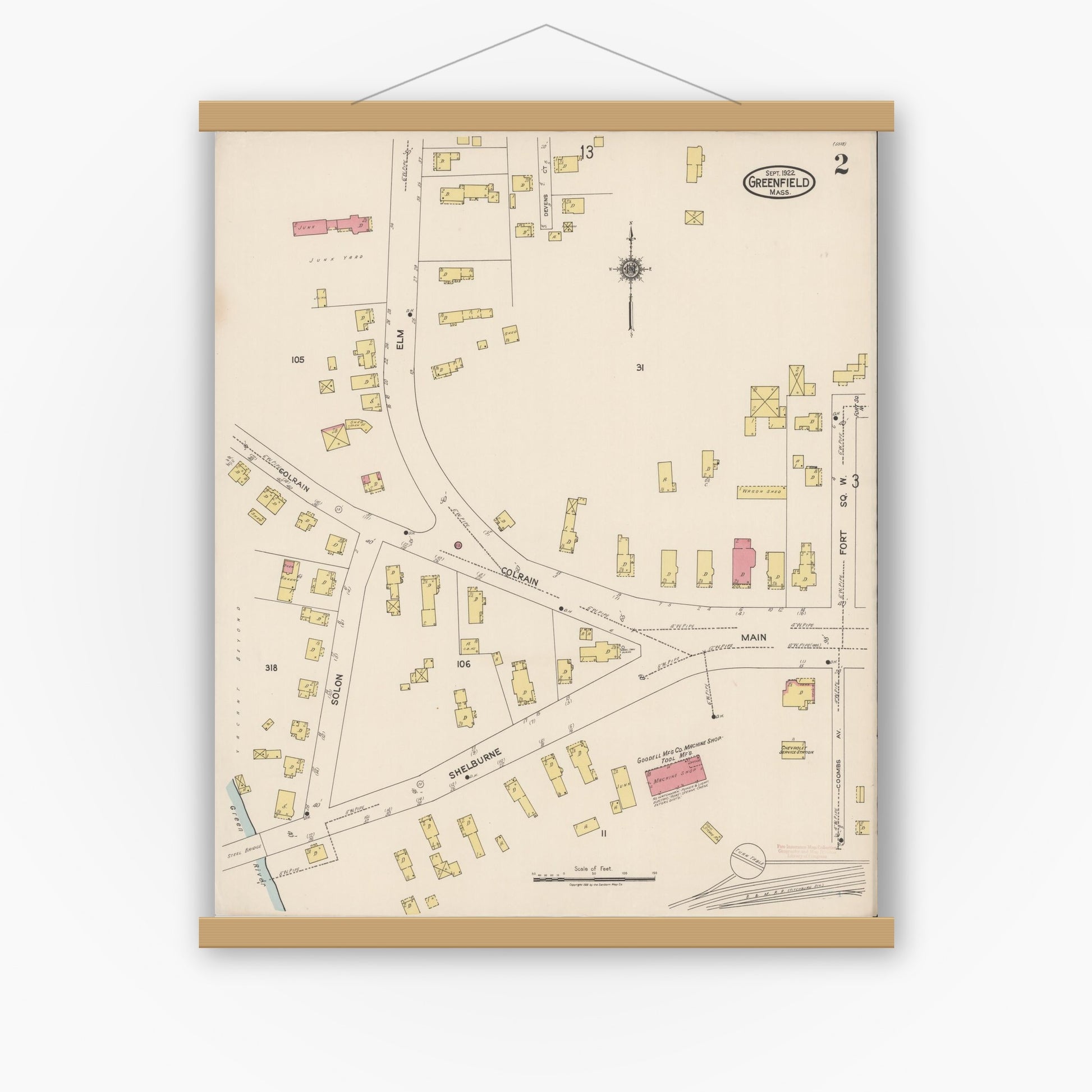 Old map wall art mockup — magnetic wood frame on white wall — Sanborn Fire Insurance Map from Greenfield, Franklin County, Massachusetts (1922), Sheet #0002