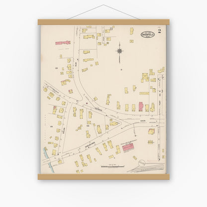 Old map wall art mockup — magnetic wood frame on white wall — Sanborn Fire Insurance Map from Greenfield, Franklin County, Massachusetts (1922), Sheet #0002
