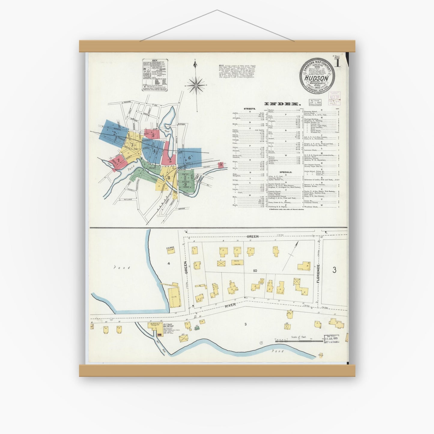 Old map wall art mockup — magnetic wood frame on white wall — Sanborn Fire Insurance Map from Hudson, Middlesex County, Massachusetts (1903) - Complete Map Set
