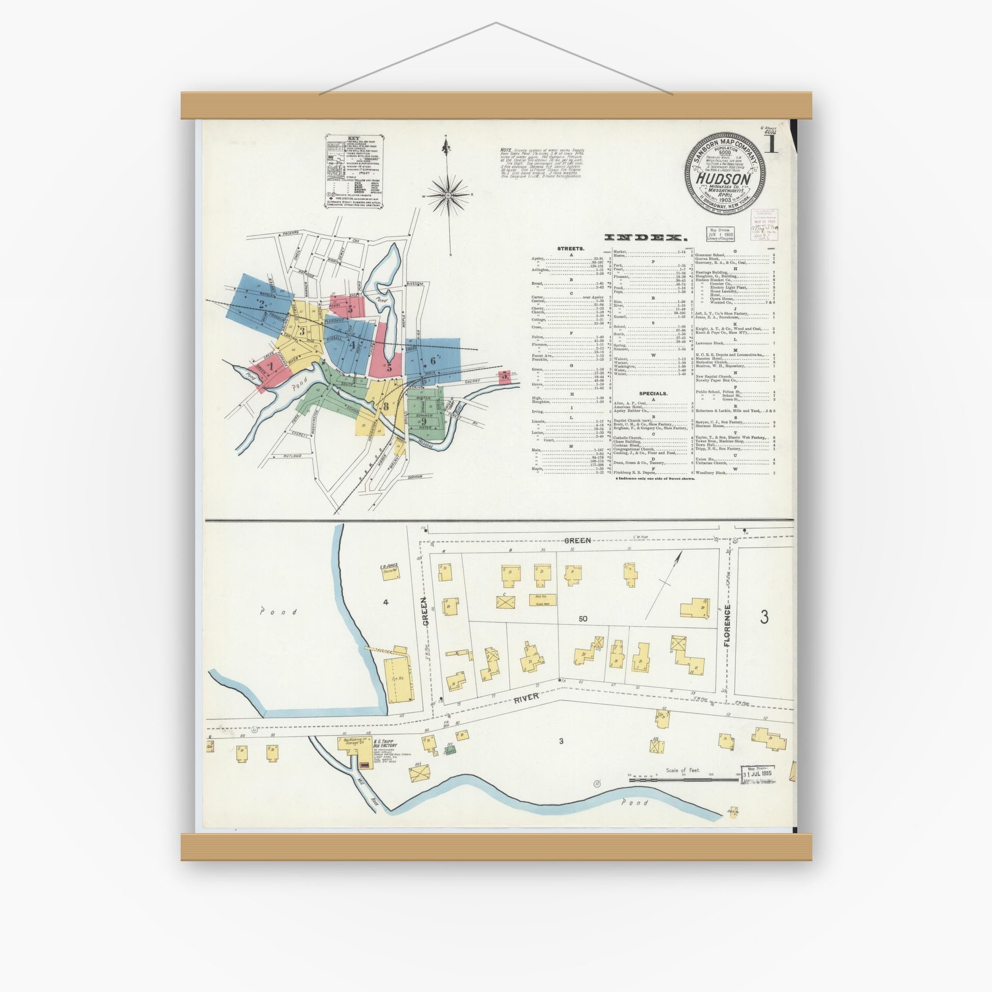 Old map wall art mockup — magnetic wood frame on white wall — Sanborn Fire Insurance Map from Hudson, Middlesex County, Massachusetts (1903) - Complete Map Set