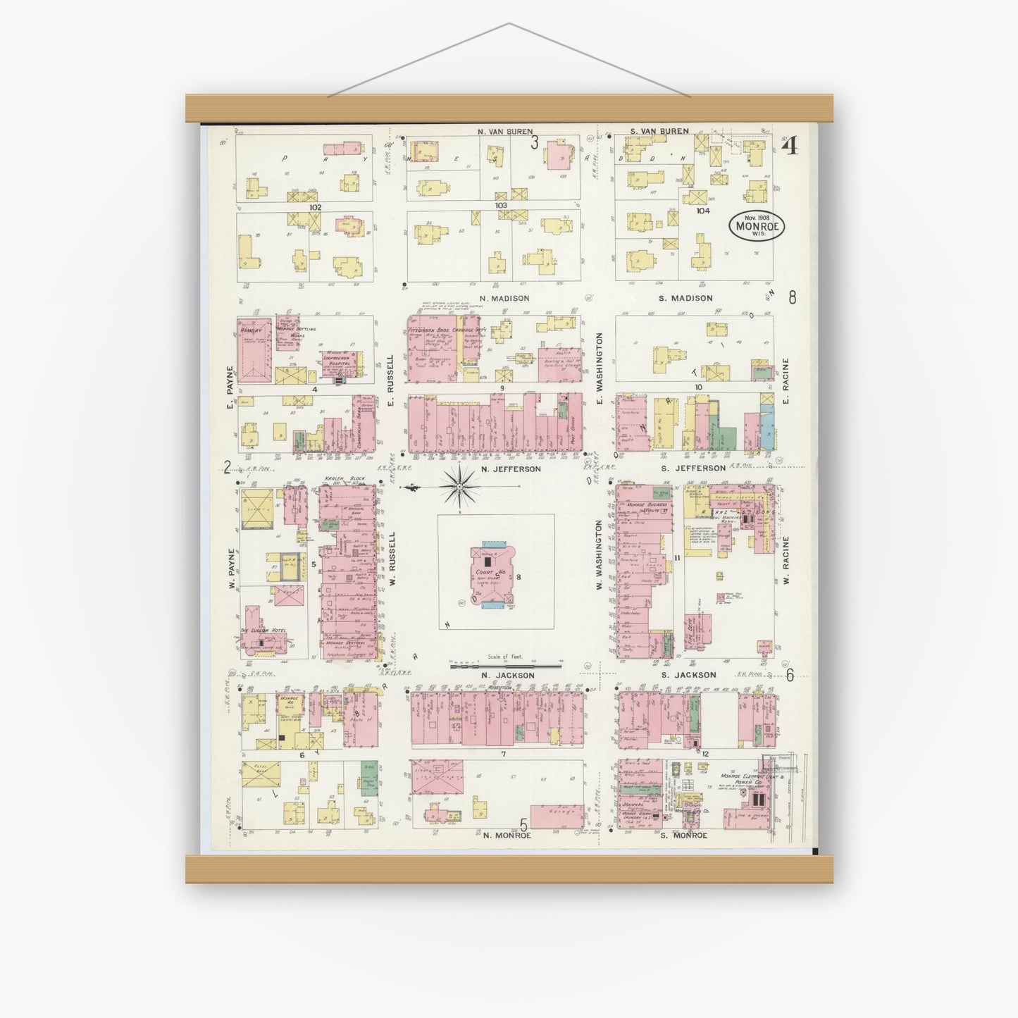 Old map wall art mockup — magnetic wood frame on white wall — Sanborn Fire Insurance Map from Monroe, Green County, Wisconsin (1908), Sheet #0004