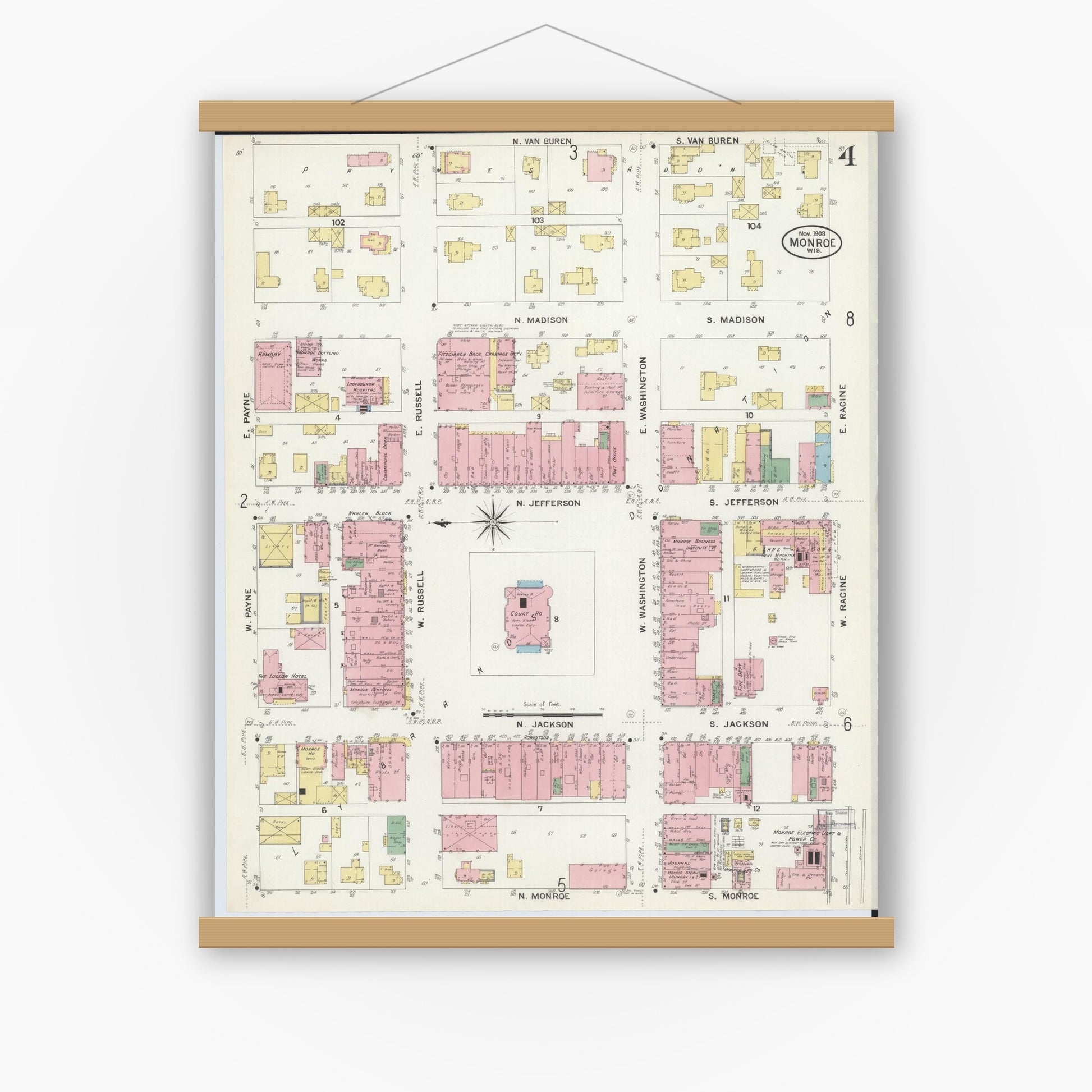 Old map wall art mockup — magnetic wood frame on white wall — Sanborn Fire Insurance Map from Monroe, Green County, Wisconsin (1908), Sheet #0004