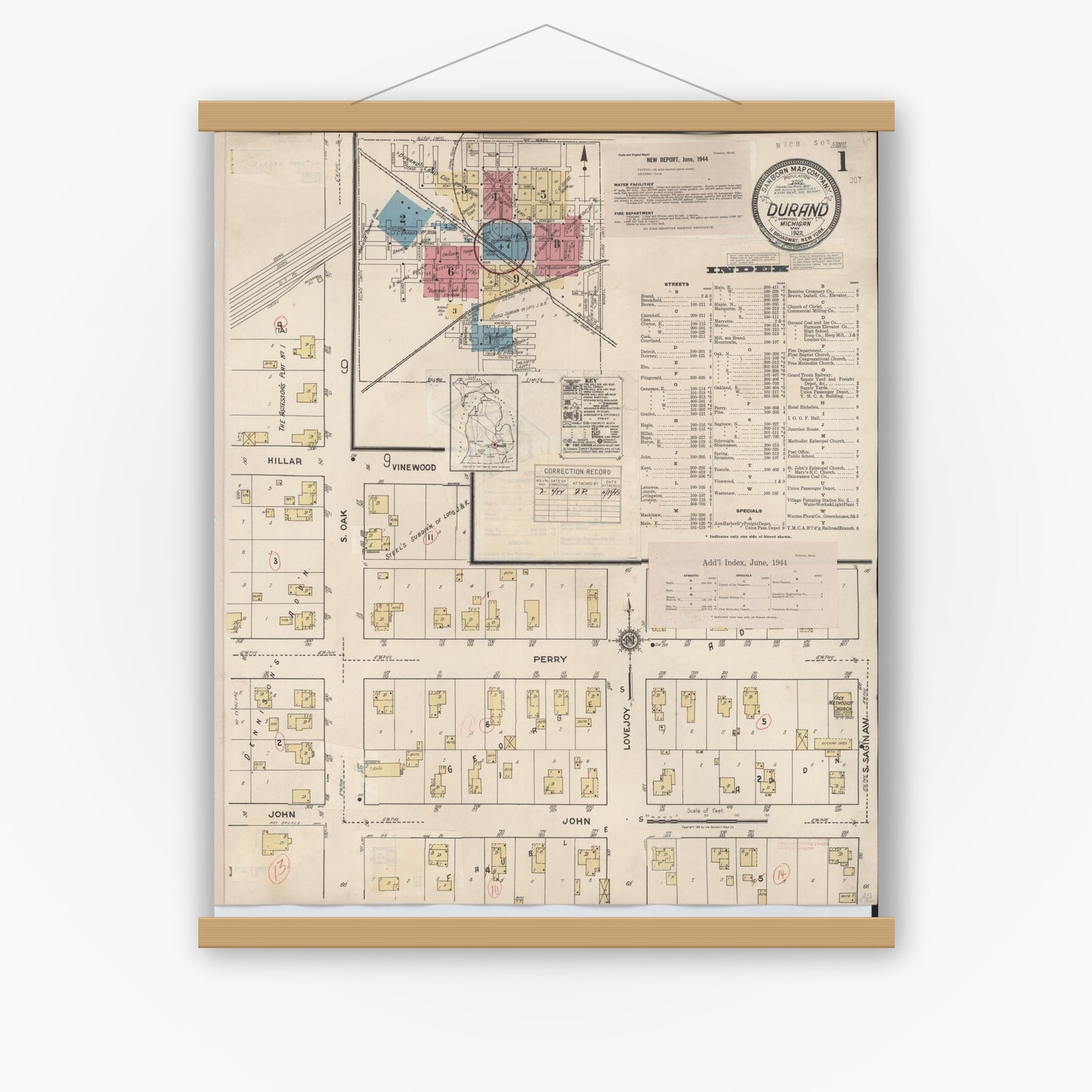 Old map wall art mockup — magnetic wood frame on white wall — Sanborn Fire Insurance Map from Durand, Shiawassee County, Michigan (1944) - Complete Map Set