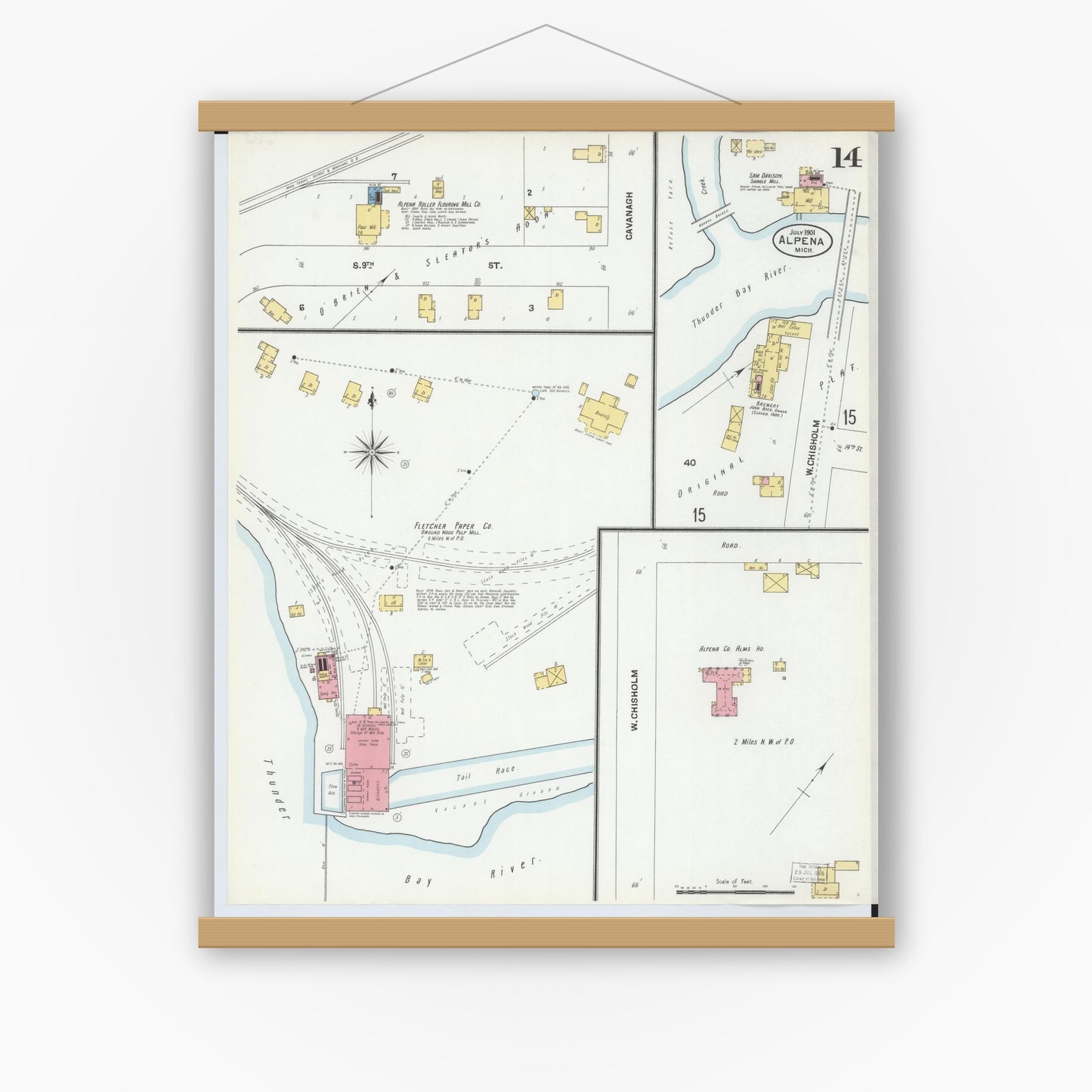 Old map wall art mockup — magnetic wood frame on white wall — Sanborn Fire Insurance Map from Alpena, Alpena County, Michigan (1901), Sheet #0014