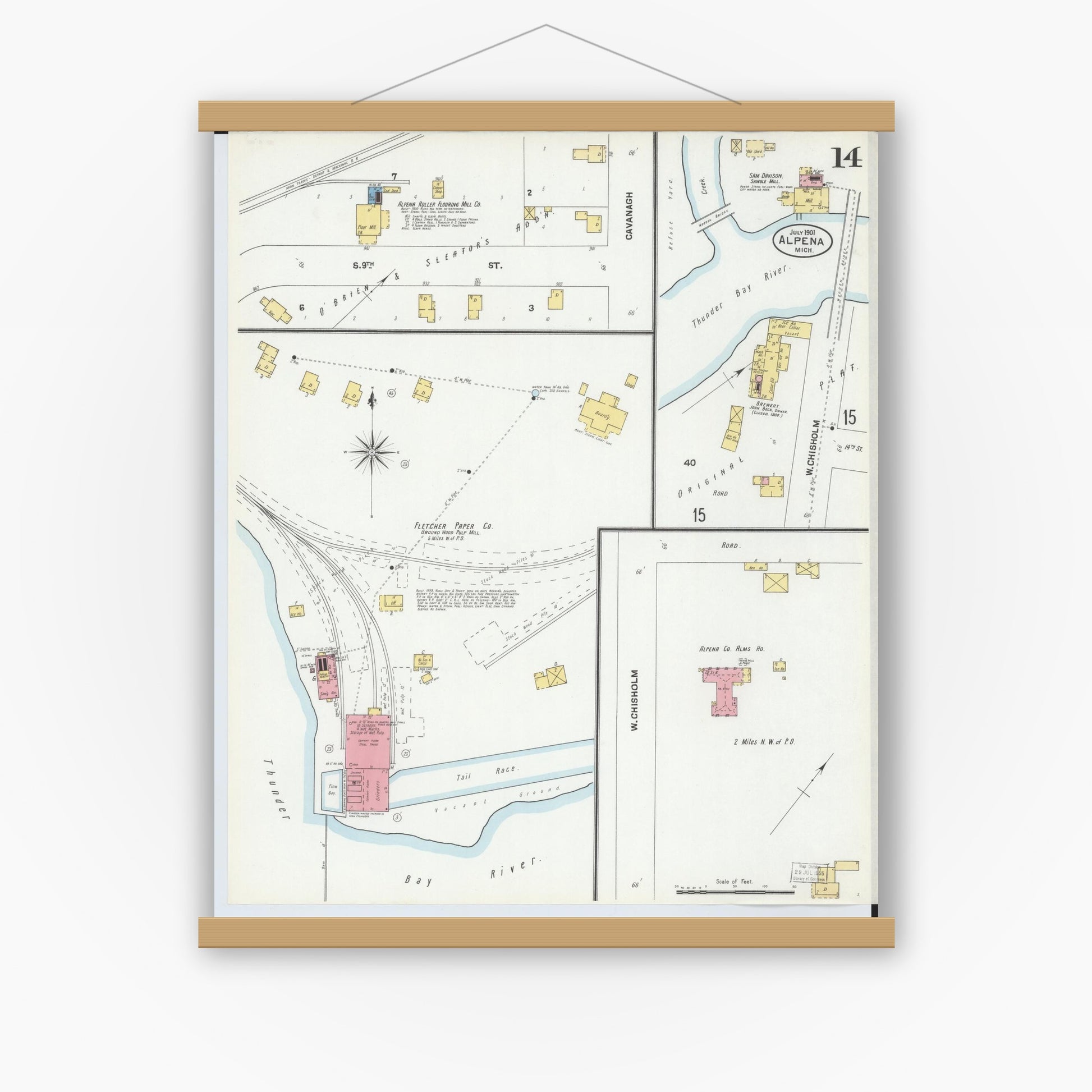 Old map wall art mockup — magnetic wood frame on white wall — Sanborn Fire Insurance Map from Alpena, Alpena County, Michigan (1901), Sheet #0014