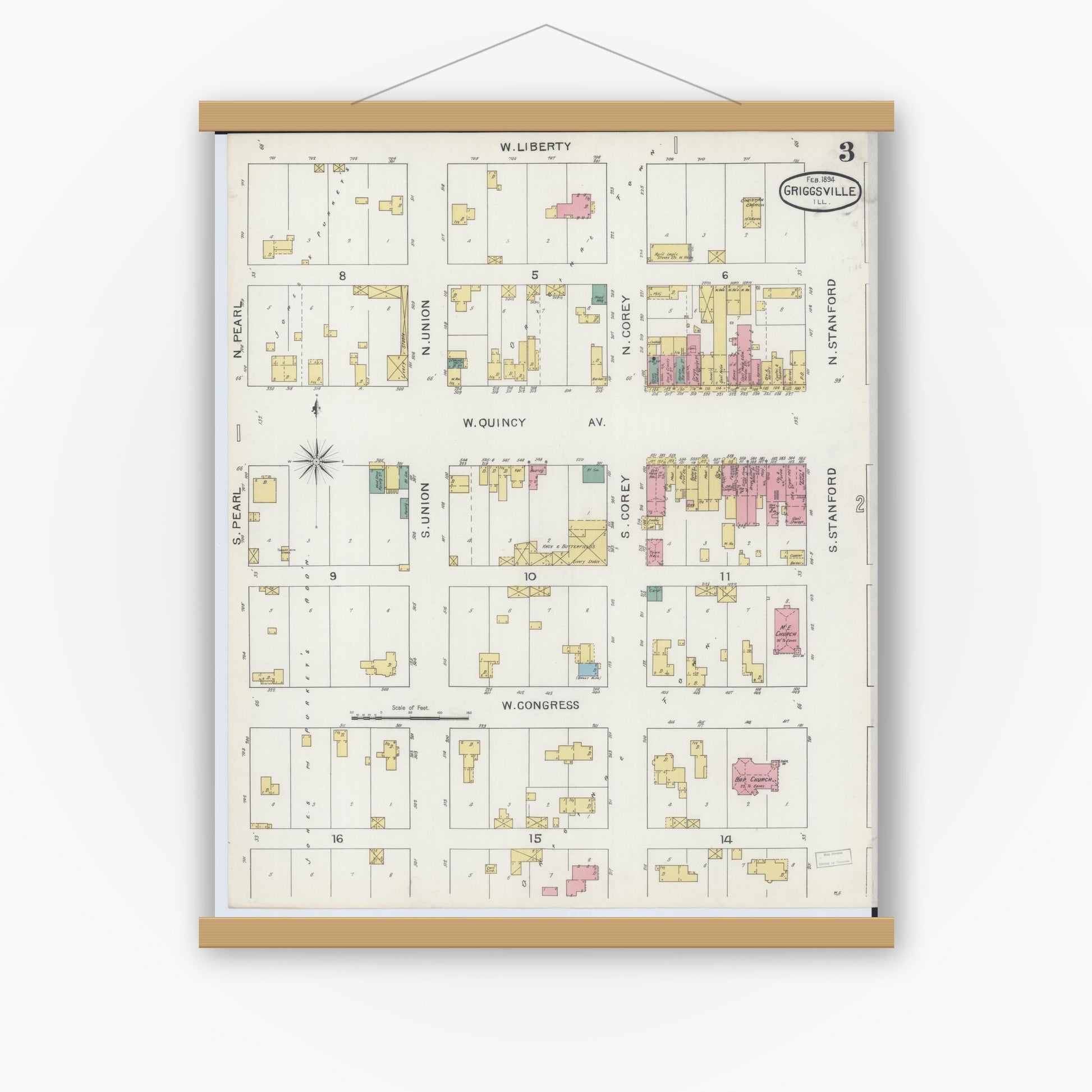 Old map wall art mockup — magnetic wood frame on white wall — Sanborn Fire Insurance Map from Griggsville, Pike County, Illinois (1894), Sheet #0003