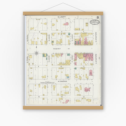 Old map wall art mockup — magnetic wood frame on white wall — Sanborn Fire Insurance Map from Griggsville, Pike County, Illinois (1894), Sheet #0003