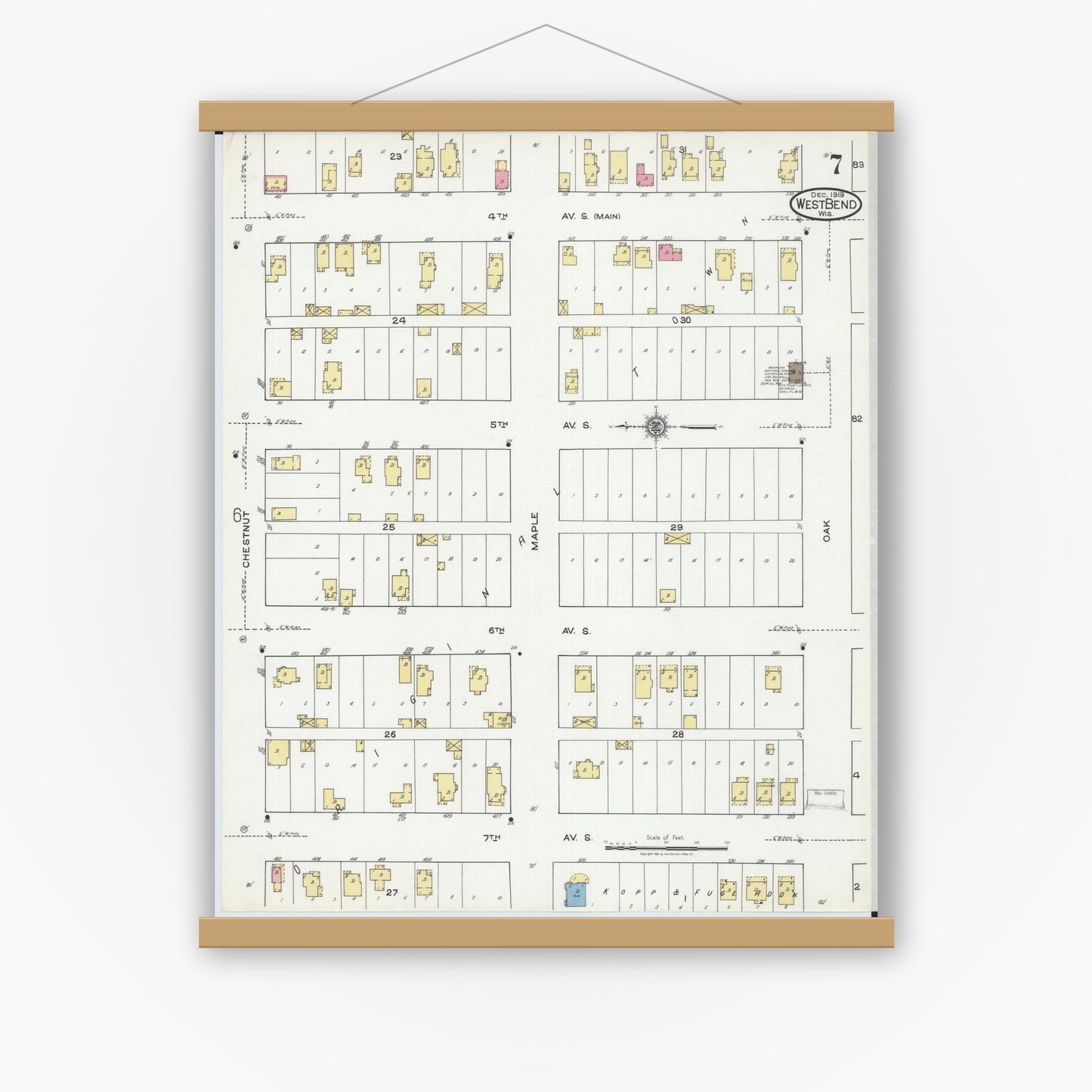 Old map wall art mockup — magnetic wood frame on white wall — Sanborn Fire Insurance Map from West Bend, Washington County, Wisconsin (1919), Sheet #0007