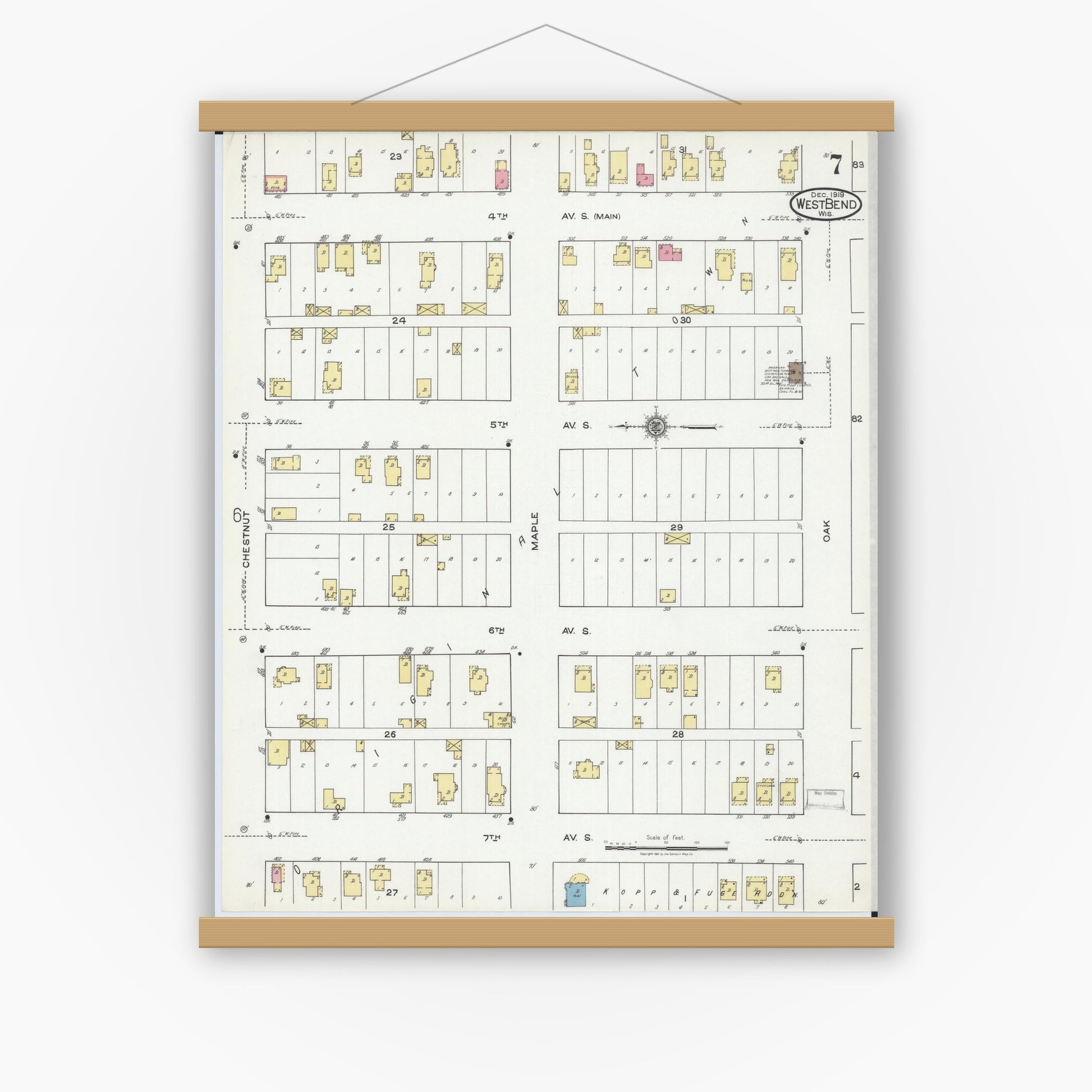 Old map wall art mockup — magnetic wood frame on white wall — Sanborn Fire Insurance Map from West Bend, Washington County, Wisconsin (1919), Sheet #0007