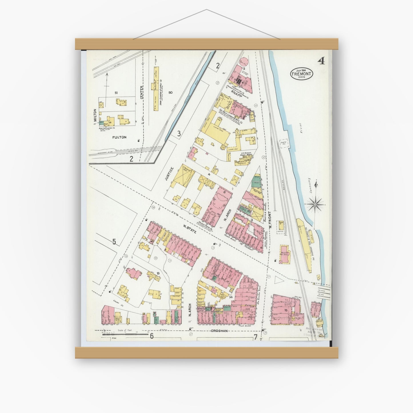 Old map wall art mockup — magnetic wood frame on white wall — Sanborn Fire Insurance Map from Fremont, Sandusky County, Ohio (1904), Sheet #0004
