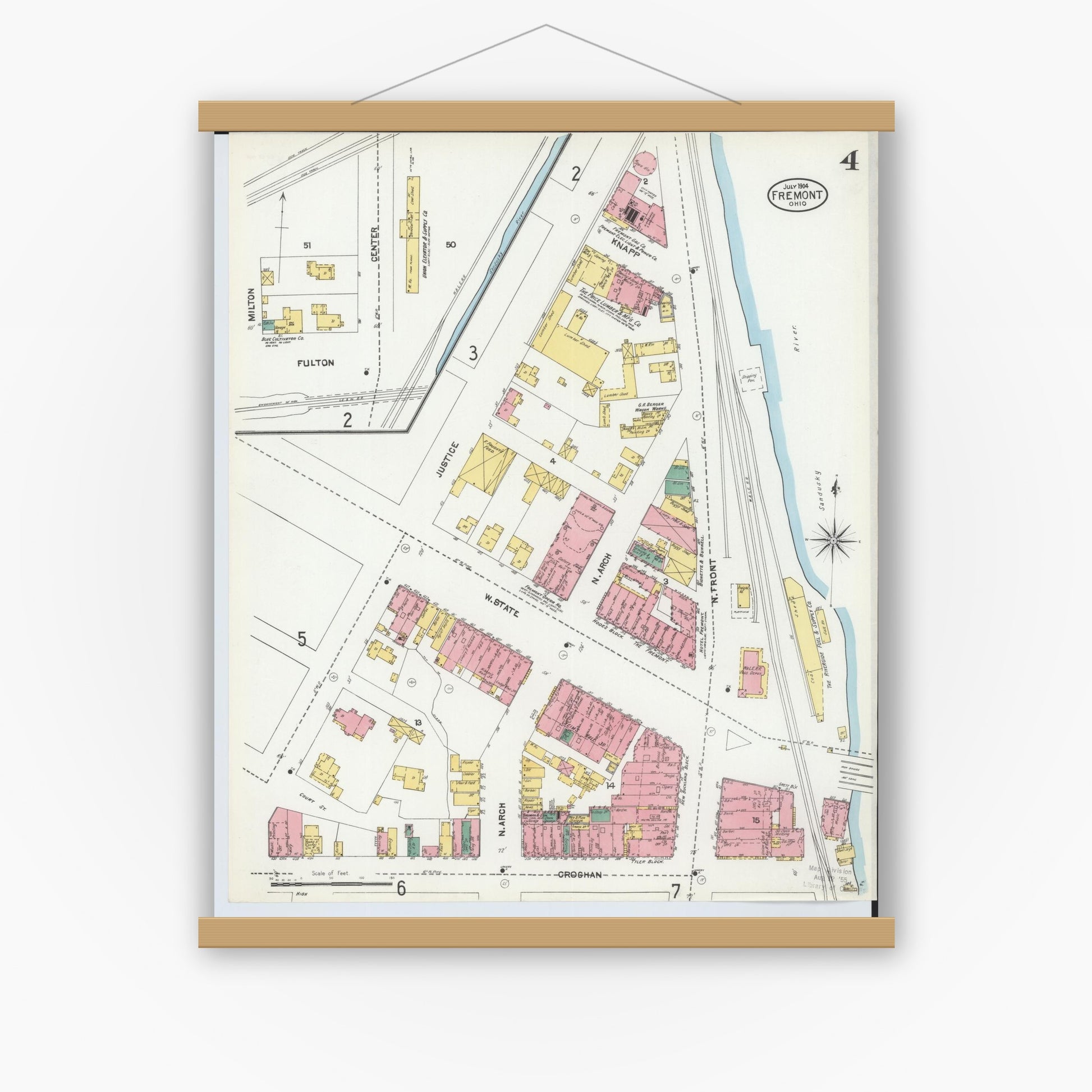 Old map wall art mockup — magnetic wood frame on white wall — Sanborn Fire Insurance Map from Fremont, Sandusky County, Ohio (1904), Sheet #0004