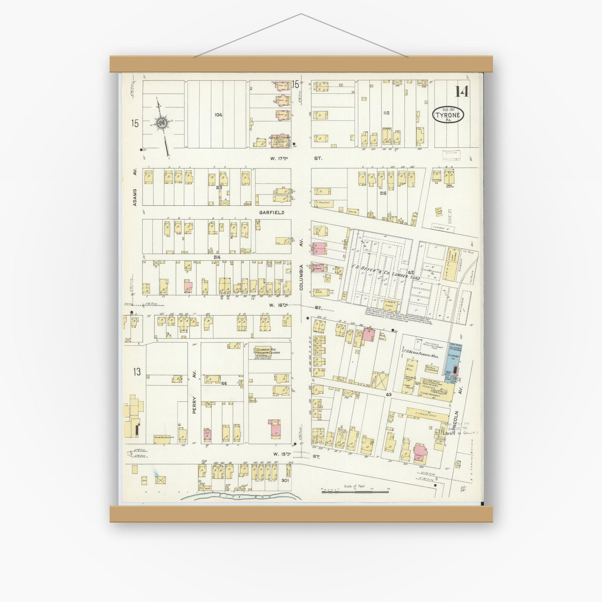 Old map wall art mockup — magnetic wood frame on white wall — Sanborn Fire Insurance Map from Tyrone, Blair County, Pennsylvania (1911), Sheet #0014