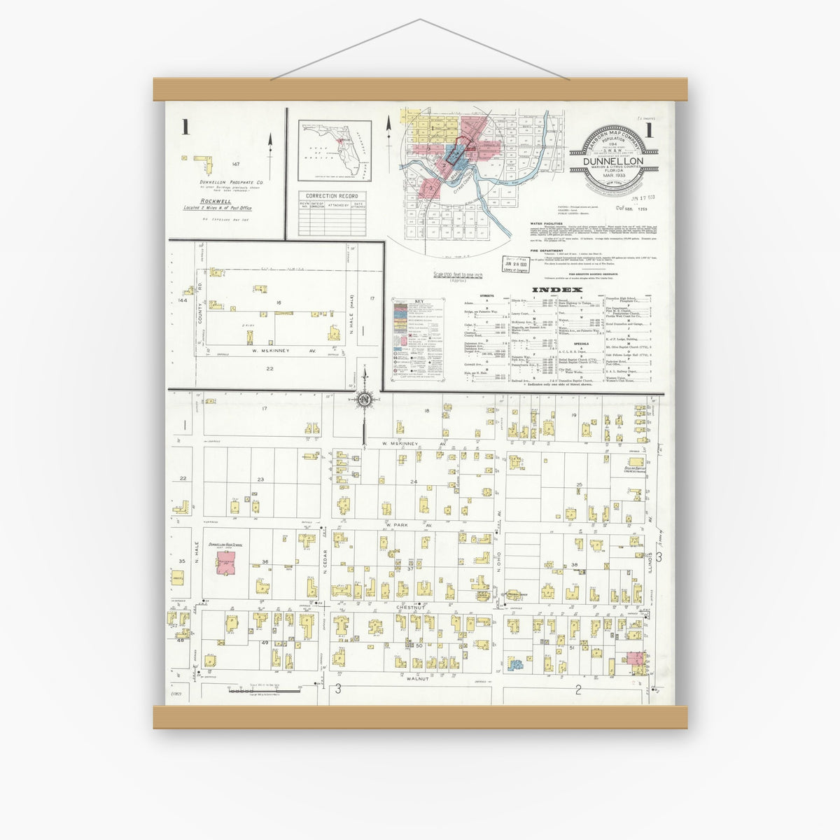 Old map wall art mockup — magnetic wood frame on white wall — Sanborn Fire Insurance Map from Dunnellon, Marion County, Florida (1933) - Complete Map Set