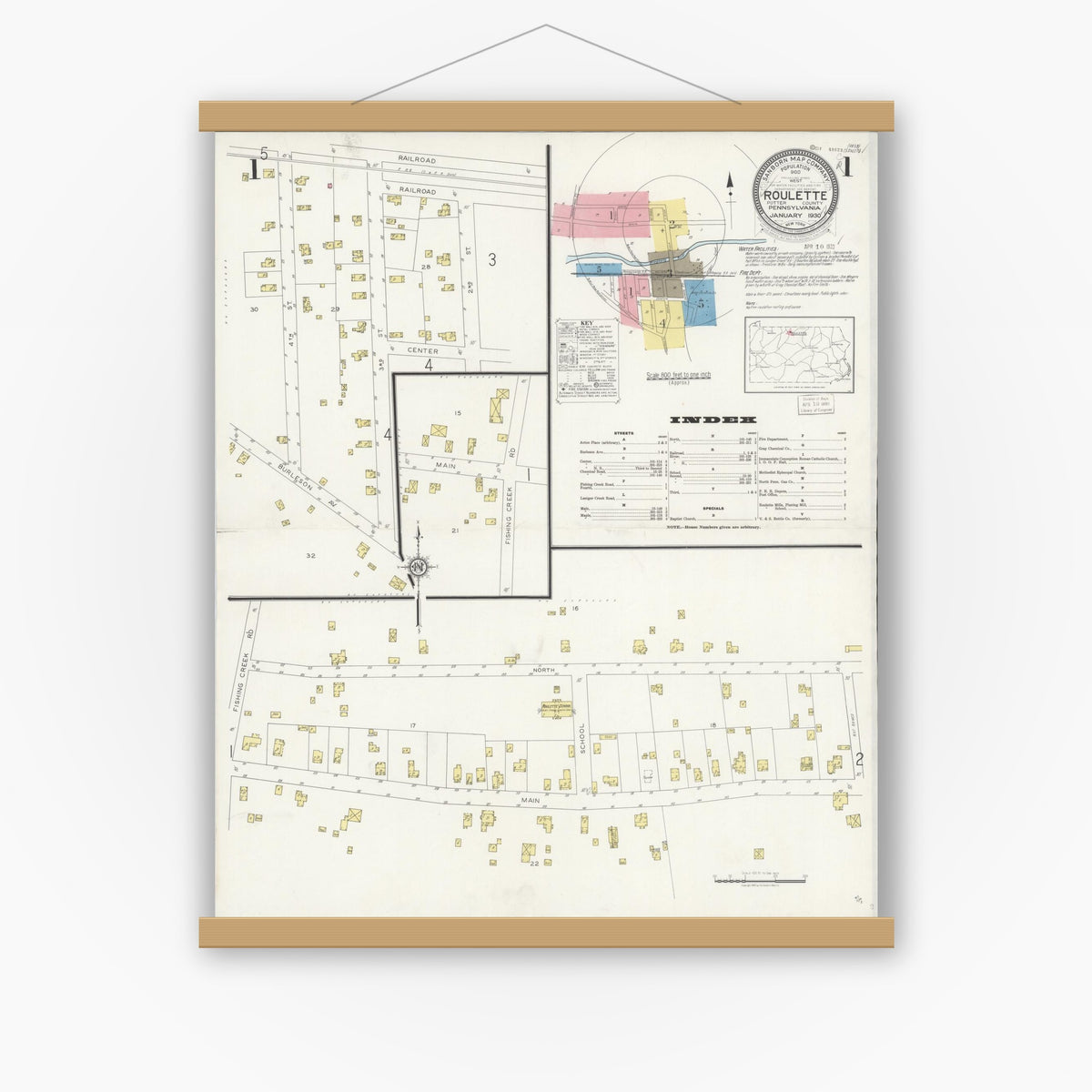 Old map wall art mockup — magnetic wood frame on white wall — Sanborn Fire Insurance Map from Roulette, Potter County, Pennsylvania (1930), Sheet #0001