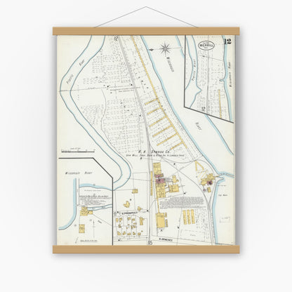 Old map wall art mockup — magnetic wood frame on white wall — Sanborn Fire Insurance Map from Merrill, Lincoln County, Wisconsin (1902), Sheet #0012