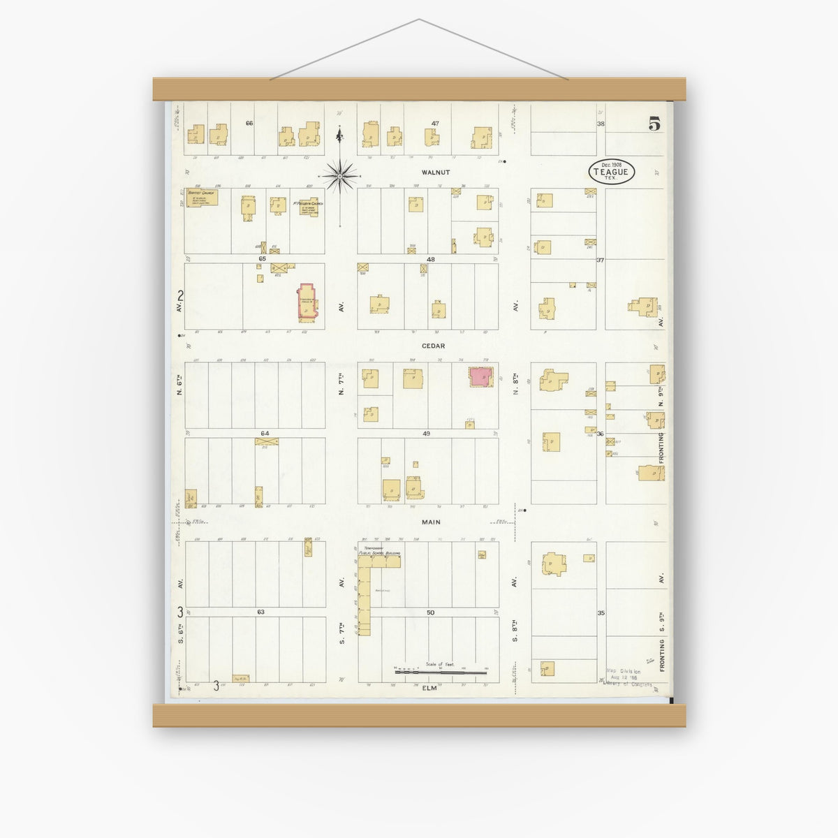 Old map wall art mockup — magnetic wood frame on white wall — Sanborn Fire Insurance Map from Teague, Freestone County, Texas (1908), Sheet #0005