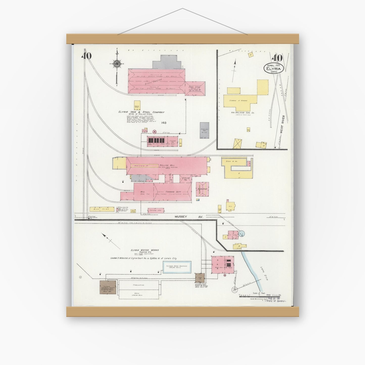 Old map wall art mockup — magnetic wood frame on white wall — Sanborn Fire Insurance Map from Elyria, Lorain County, Ohio (1925), Sheet #0040