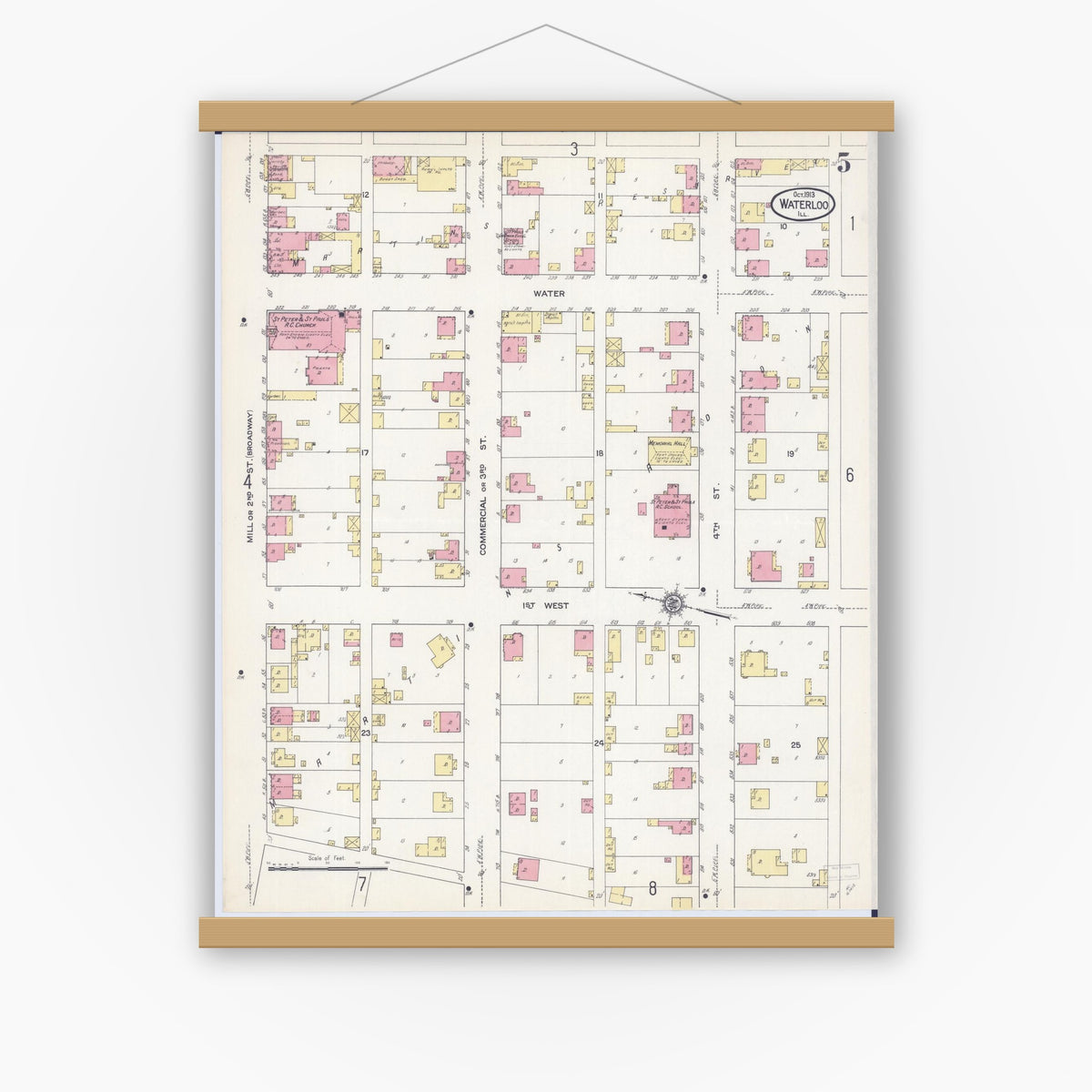 Old map wall art mockup — magnetic wood frame on white wall — Sanborn Fire Insurance Map from Waterloo, Monroe County, Illinois (1913), Sheet #0005