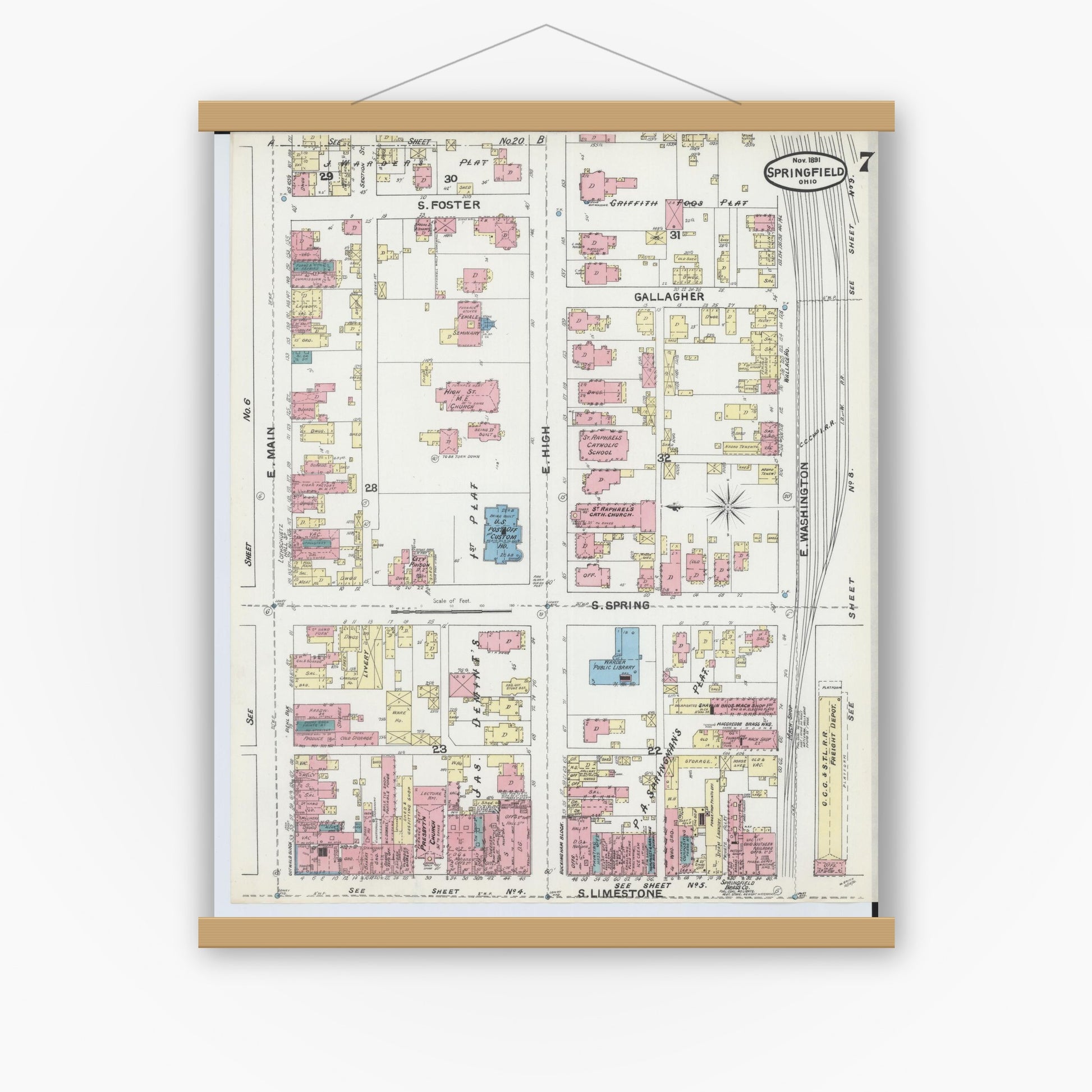 Old map wall art mockup — magnetic wood frame on white wall — Sanborn Fire Insurance Map from Springfield, Clark County, Ohio (1891), Sheet #0007