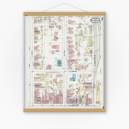 Old map wall art mockup — magnetic wood frame on white wall — Sanborn Fire Insurance Map from Springfield, Clark County, Ohio (1891), Sheet #0007