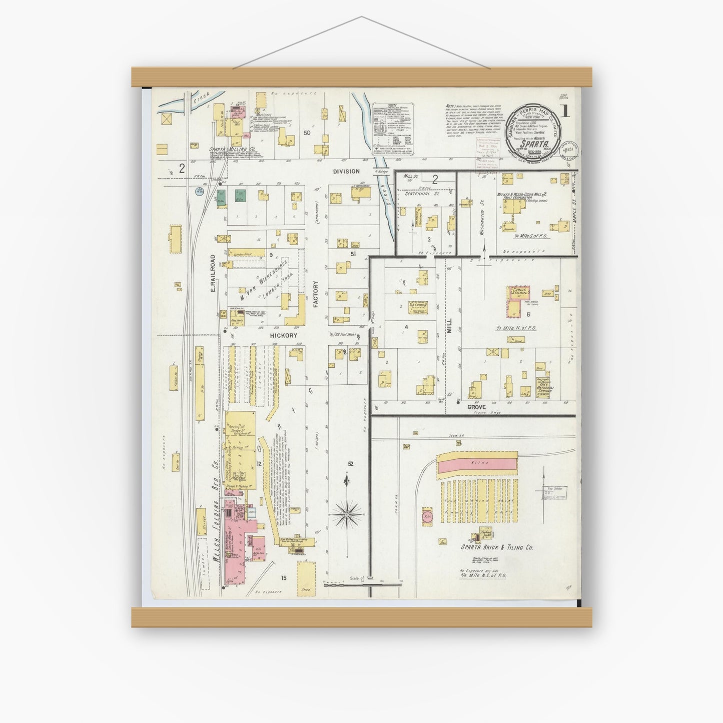 Old map wall art mockup — magnetic wood frame on white wall — Sanborn Fire Insurance Map from Sparta, Kent County, Michigan (1899), Sheet #0001