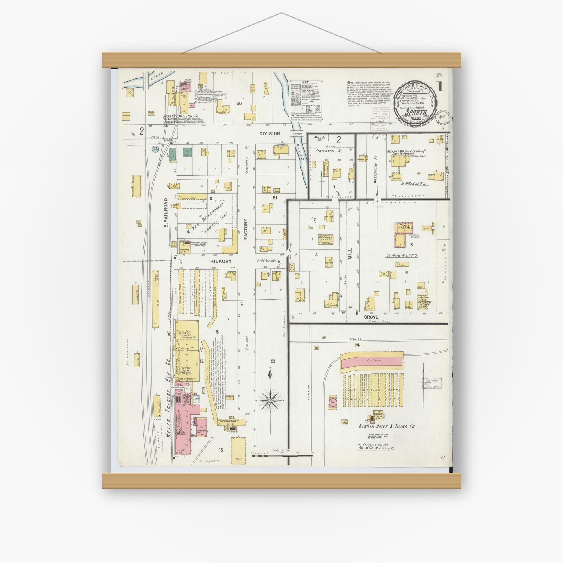 Old map wall art mockup — magnetic wood frame on white wall — Sanborn Fire Insurance Map from Sparta, Kent County, Michigan (1899), Sheet #0001