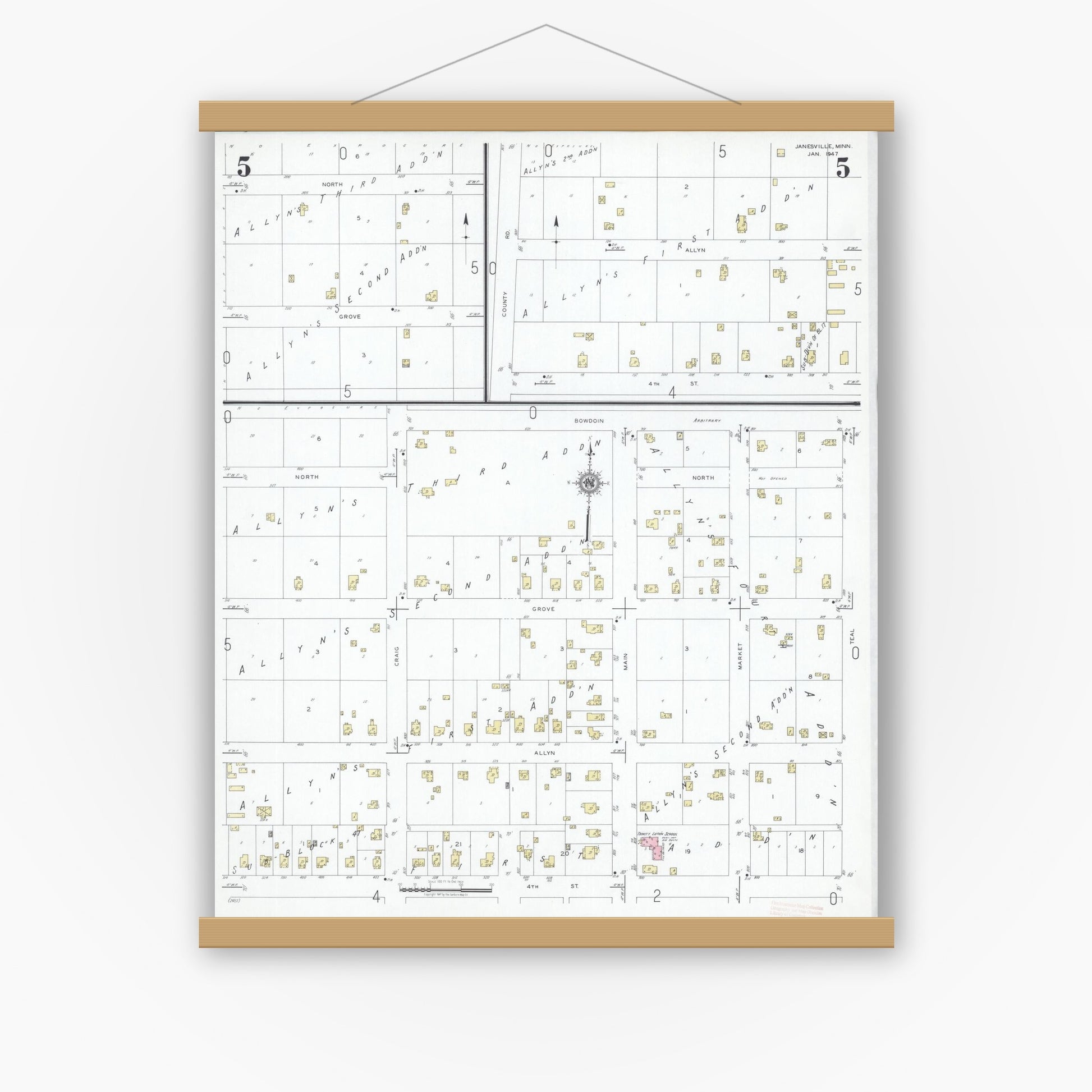 Old map wall art mockup — magnetic wood frame on white wall — Sanborn Fire Insurance Map from Janesville, Waseca County, Minnesota (1947), Sheet #0005