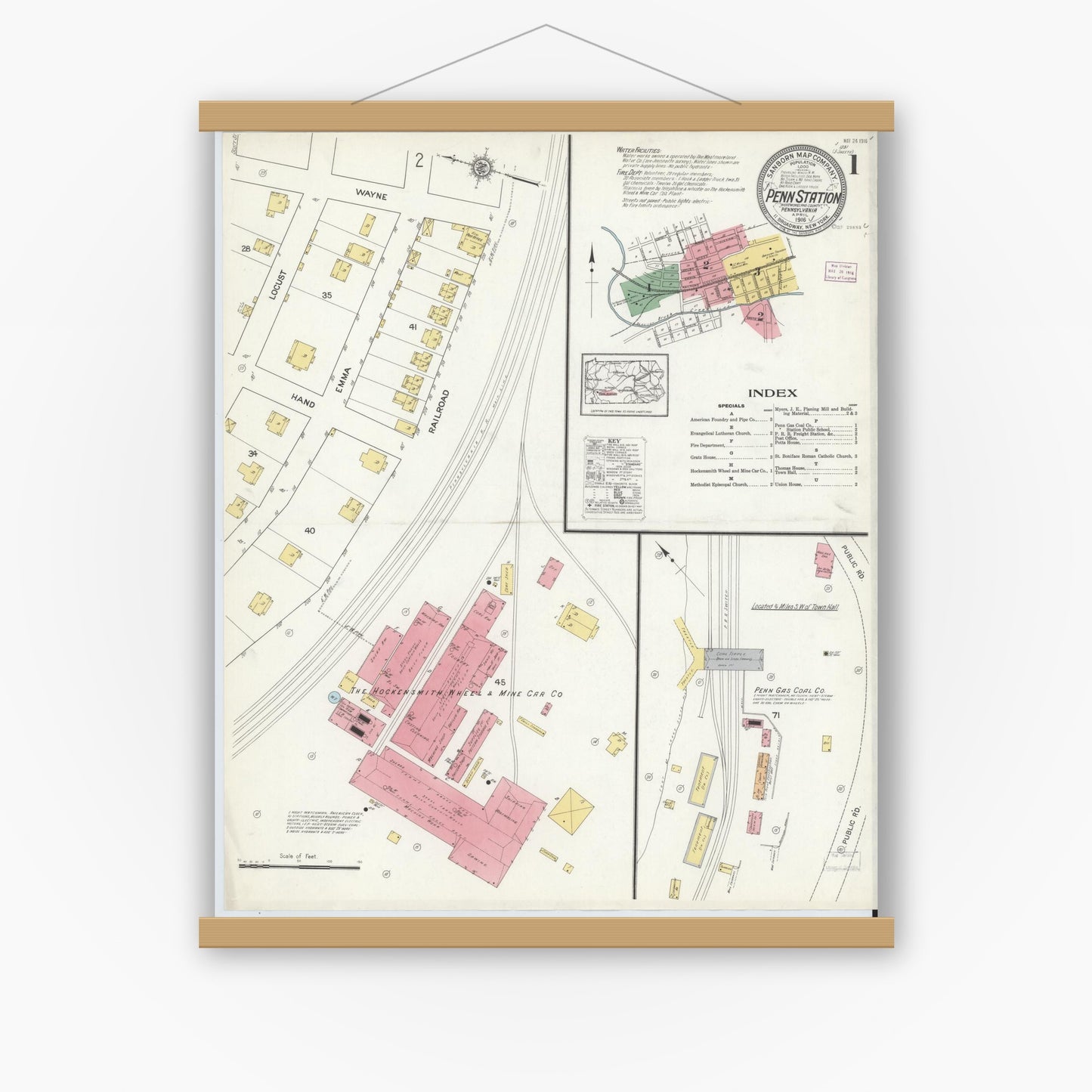 Old map wall art mockup — magnetic wood frame on white wall — Sanborn Fire Insurance Map from Penn Station, Westmoreland County, Pennsylvania (1916), Sheet #0001