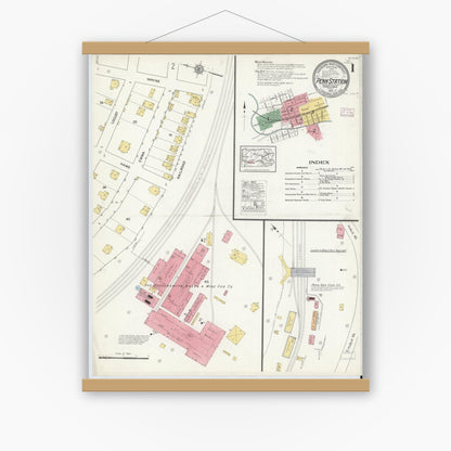 Old map wall art mockup — magnetic wood frame on white wall — Sanborn Fire Insurance Map from Penn Station, Westmoreland County, Pennsylvania (1916), Sheet #0001