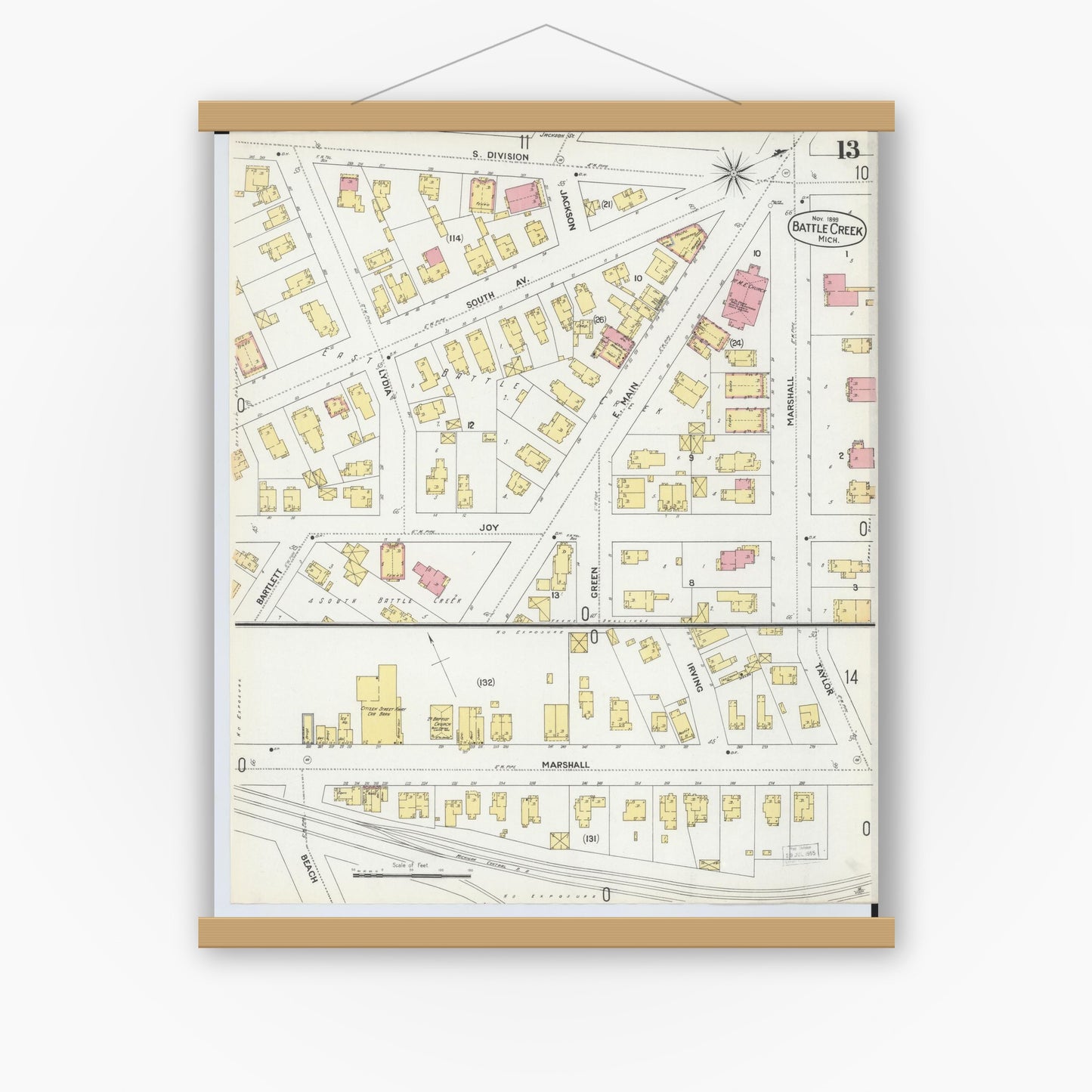 Old map wall art mockup — magnetic wood frame on white wall — Sanborn Fire Insurance Map from Battle Creek, Calhoun County, Michigan (1899), Sheet #0013