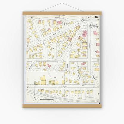 Old map wall art mockup — magnetic wood frame on white wall — Sanborn Fire Insurance Map from Battle Creek, Calhoun County, Michigan (1899), Sheet #0013