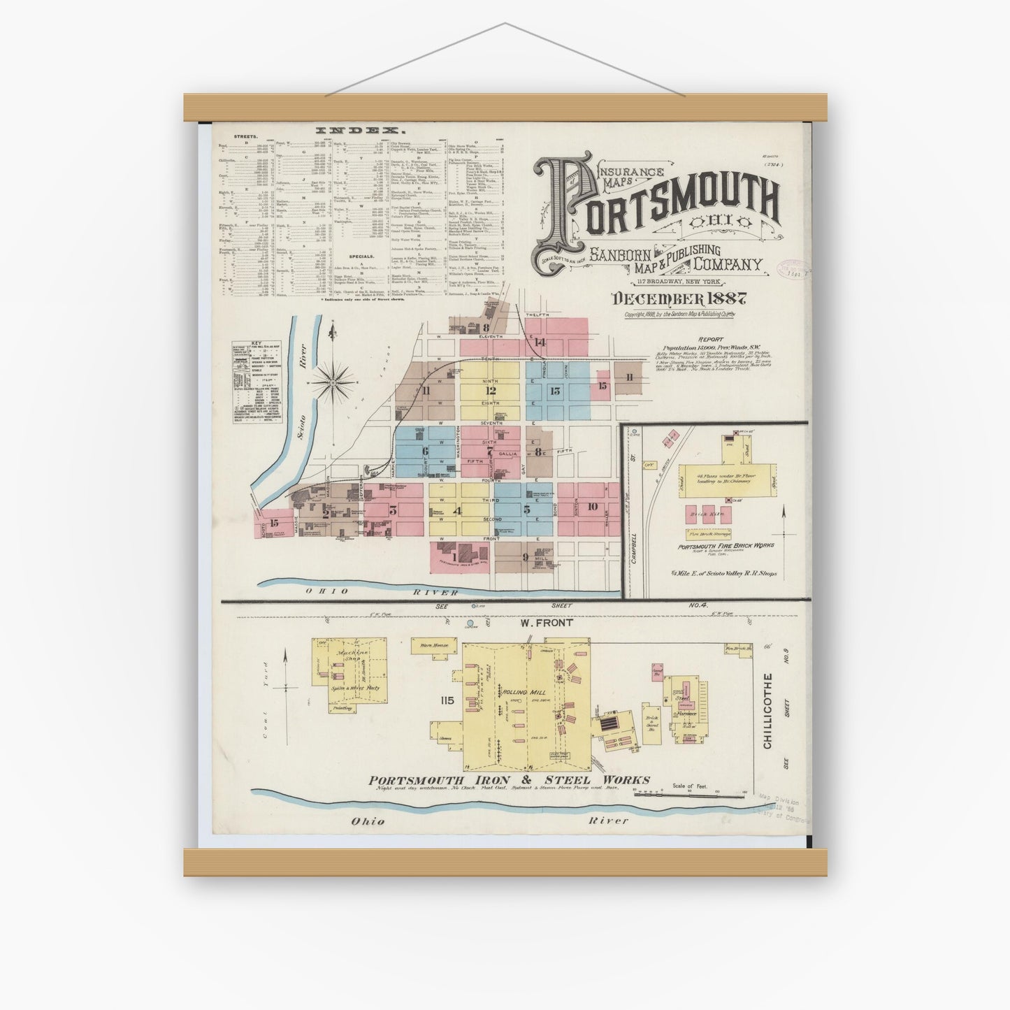 Old map wall art mockup — magnetic wood frame on white wall — Sanborn Fire Insurance Map from Portsmouth, Scioto County, Ohio (1887) - Complete Map Set